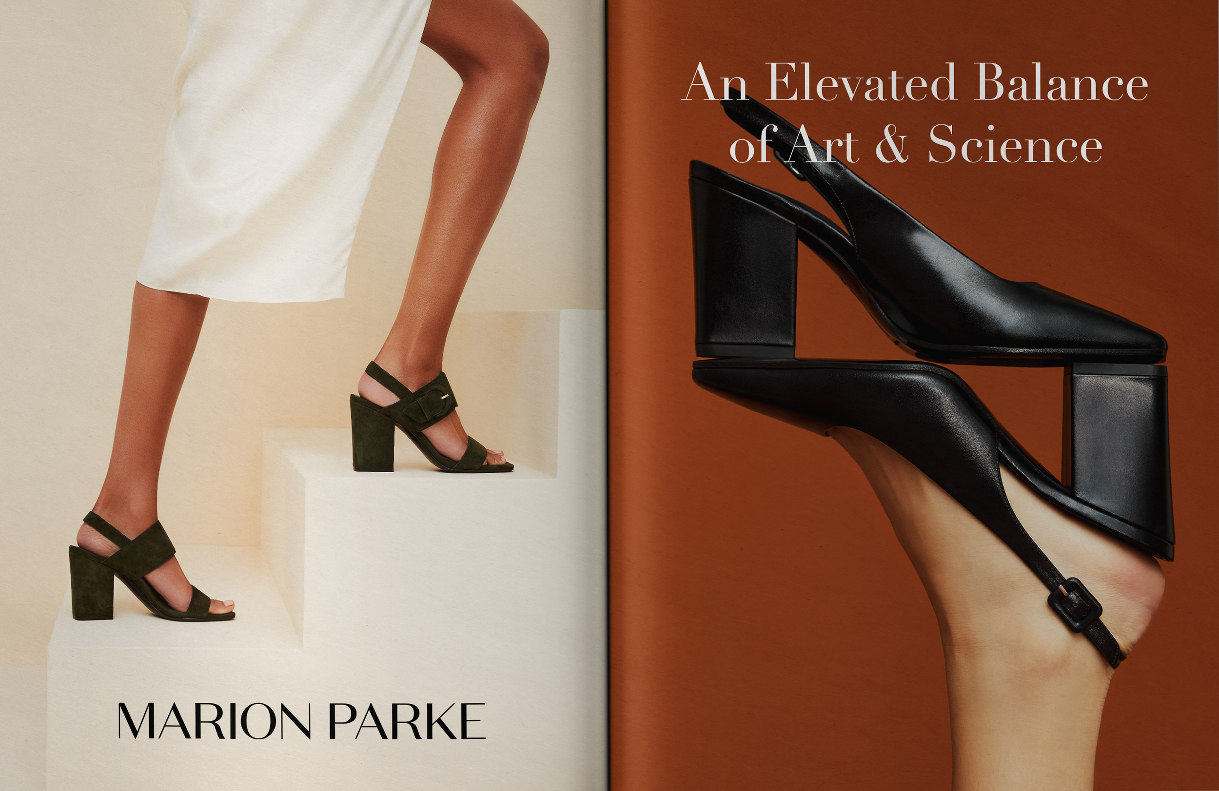 A side-by-side display of a woman's legs wearing green high-heeled sandals and a black high-heeled shoe, with text on the right side that reads 'An Elevated Balance of Art & Science.'