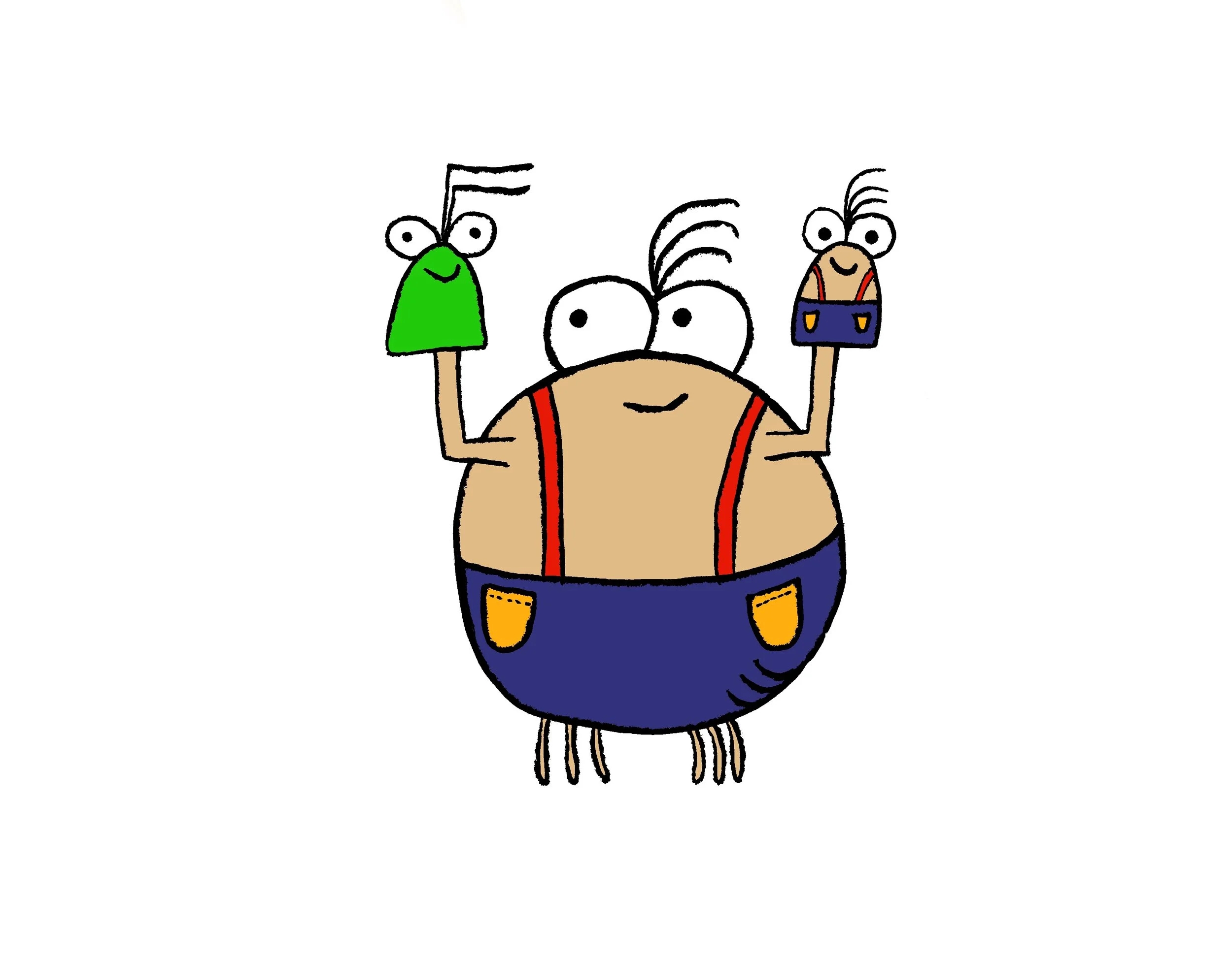 A cartoon spider holding puppets, one green aphid puppet and one spider puppet with pants, against a plain white background.