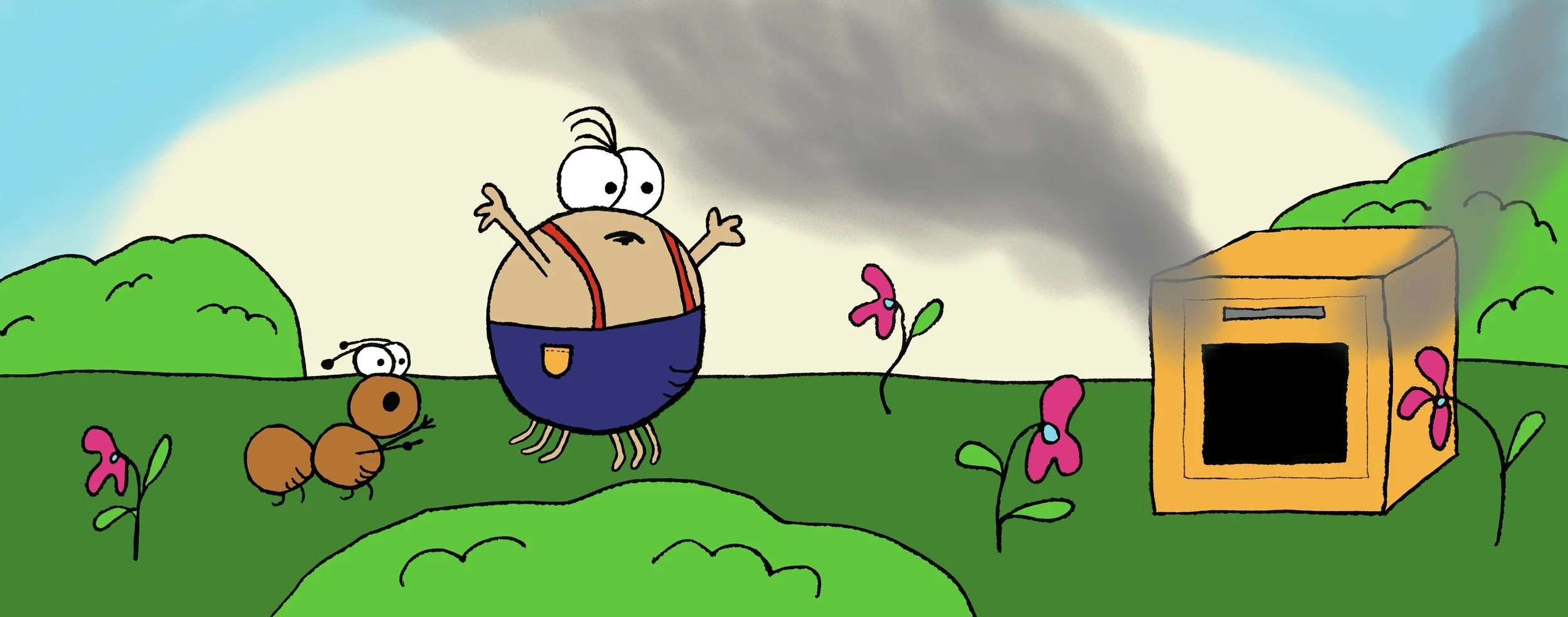 A cartoon scene of a spider and an ant, rushing to a smoking oven.