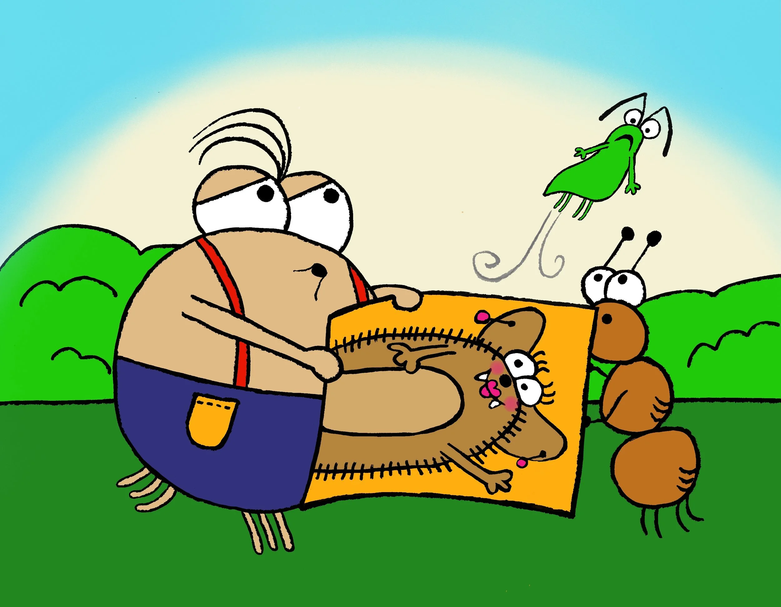 A cartoon of a spider and an ant using a poster as a net or trampoline to save an aphid from falling.