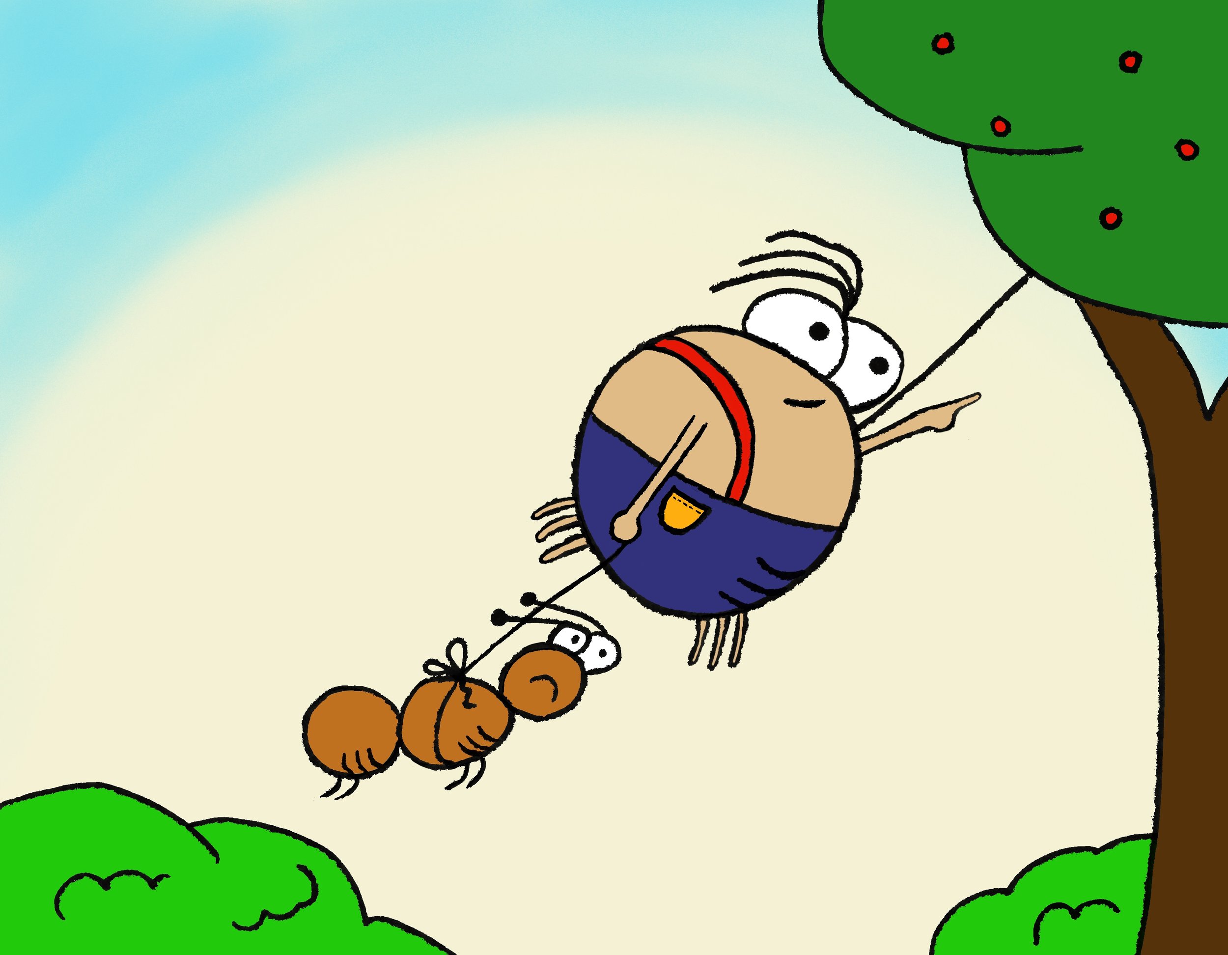Cartoon spider flying off on his web with his friend Ant tethered behind in his web.