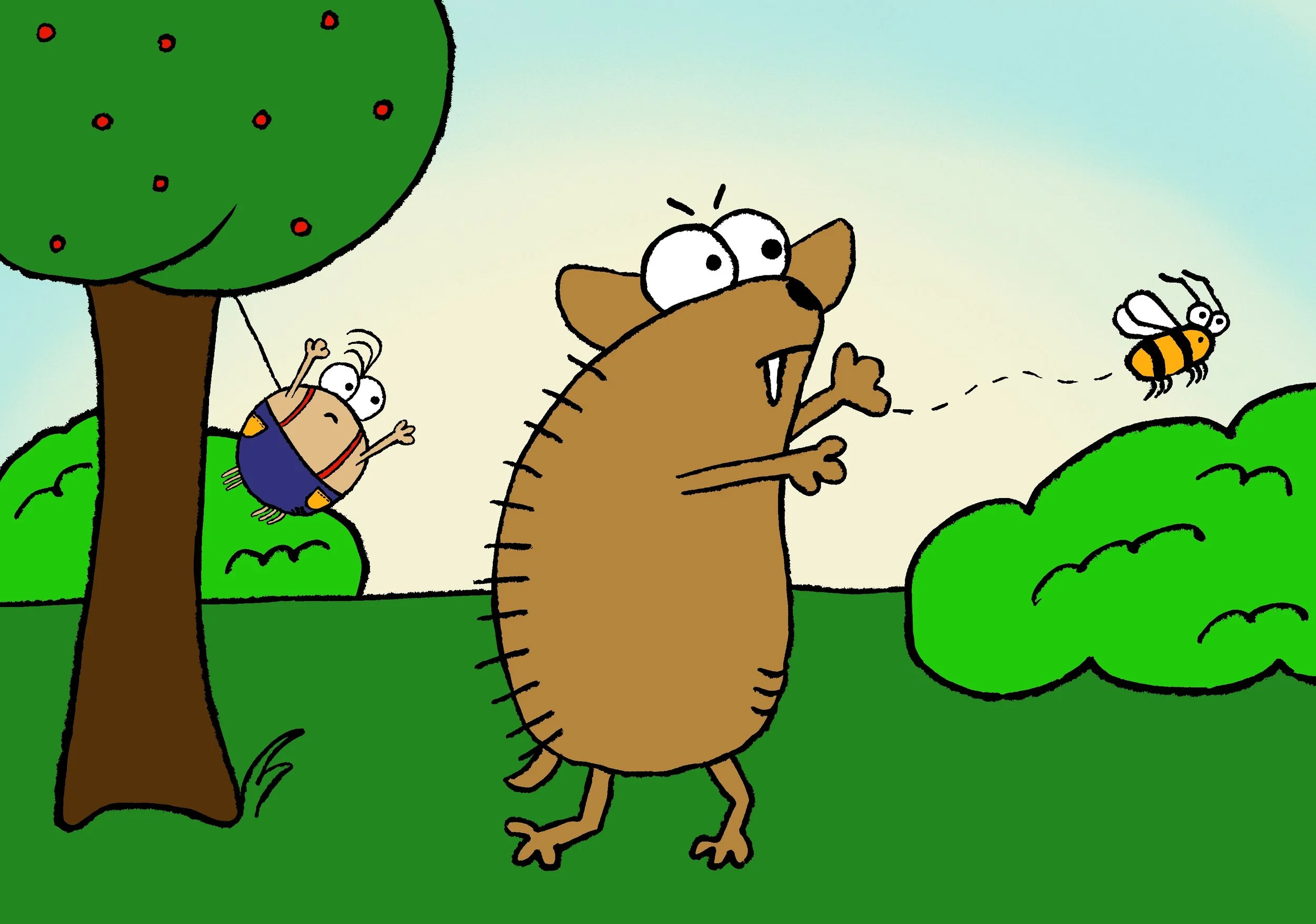 Cartoon scene of a brown bird with large eyes and a cartoon rat with big eyes and a thumbs-up gesture, under a tree with green foliage and a light sky background, with a bee flying nearby.