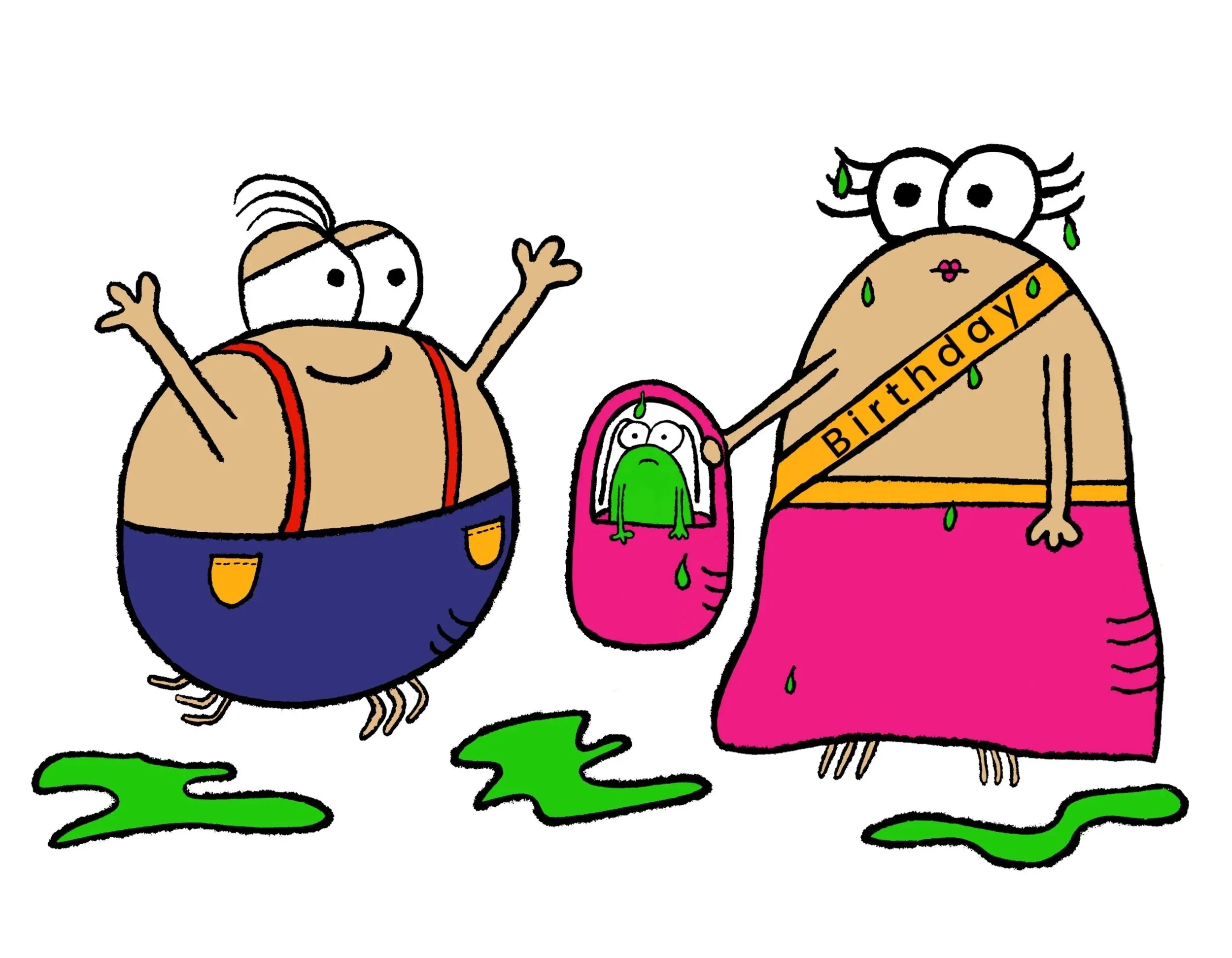 Cartoon illustration of two mice dressed in graduation attire, with one mouse wearing a "Birthday" sash, accompanied by spilled green paint on the ground.