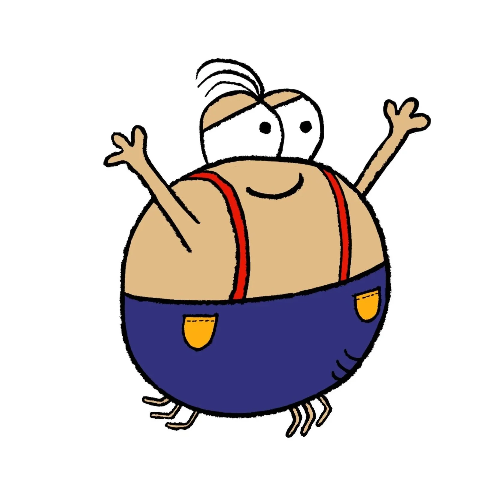 A cartoon spider with red suspenders running with his arms raised.