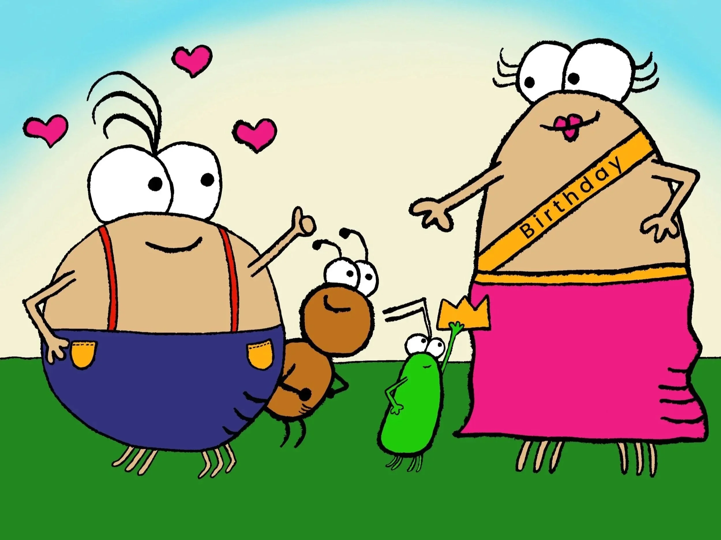 Colorful cartoon of various insects standing on grass with a light blue sky background, celebrating a birthday.