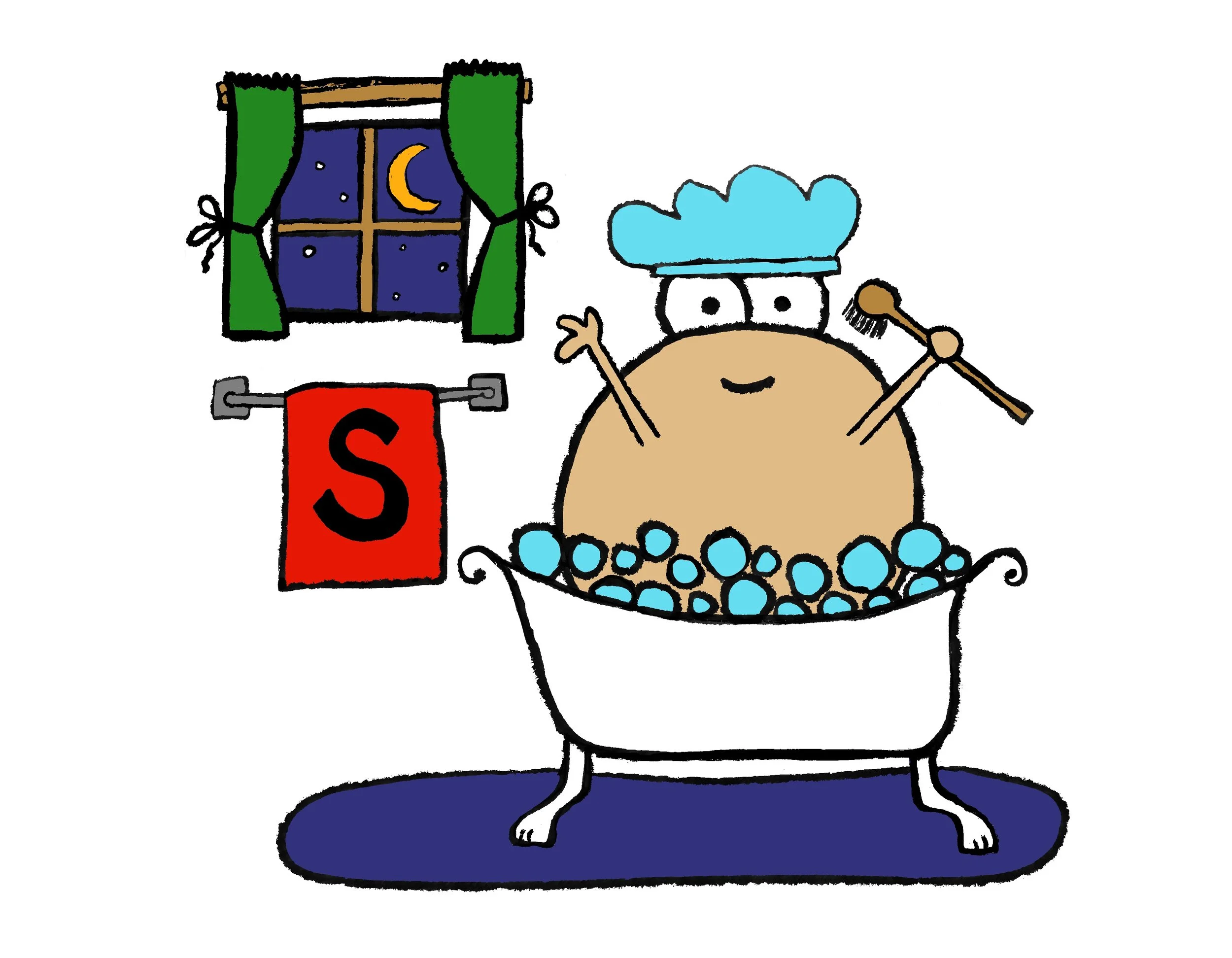 Cartoon of a spider taking a bath in a bath cap.