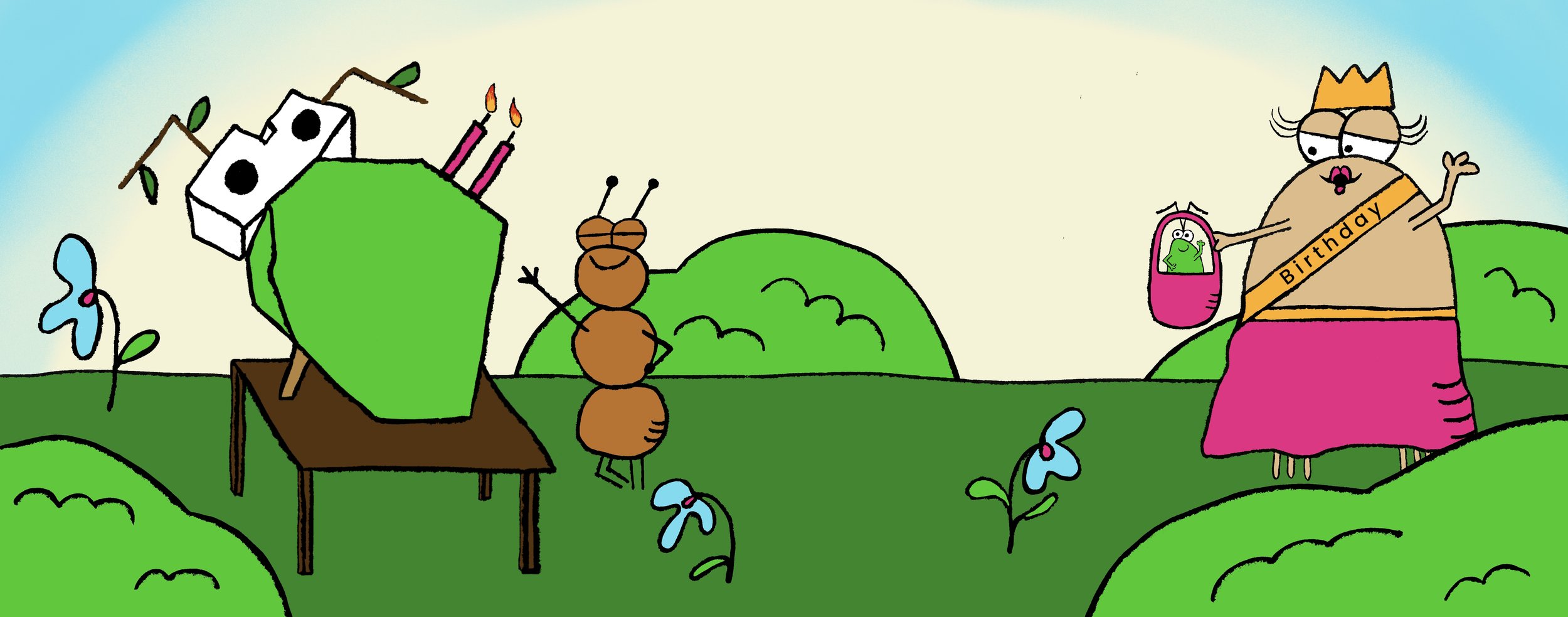 Colorful cartoon scene with happy animals celebrating a birthday in a garden