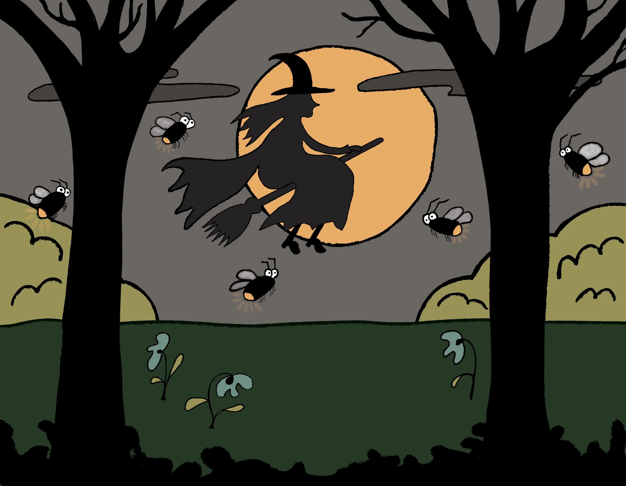A silhouette of a witch on a broomstick flying in front of a large full moon, with flying fireflies and a dark, spooky forest in the background, all under a gray sky.
