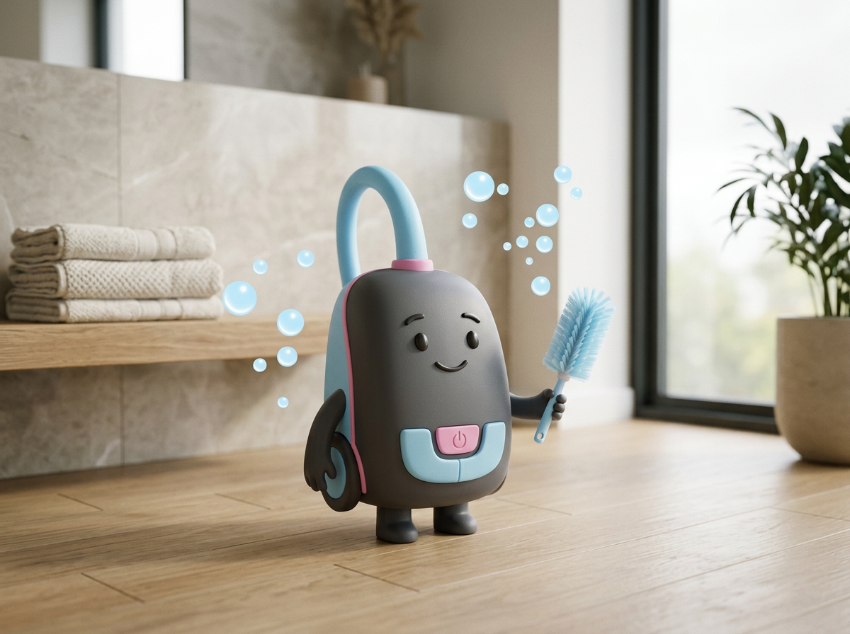 A cartoon vacuum cleaner character with a friendly face, holding a blue cleaning brush, standing on a wooden surface in a bathroom with folded towels on a shelf and a potted plant near a window in the background.