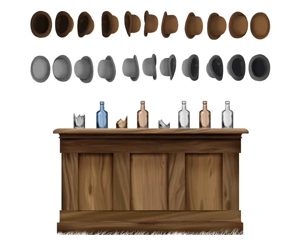 Many targets in the game (like the show) were thematic to the firearms, like hats or bottles that would flip and rotate once hit.
