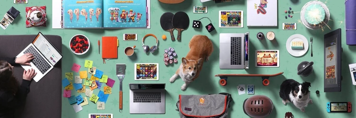 We needed a general image for PLAYSTUDIOS social pages (LinkedIn, Glassdoor, Twitter) that represented our office culture. I created this Knolling image by having each object photographed, and then cut apart and assembled into this header image