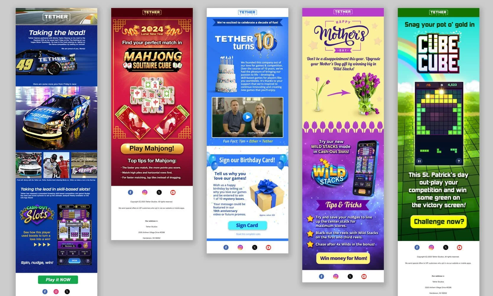 Email campaigns from the Tether Studios monthly newsletter