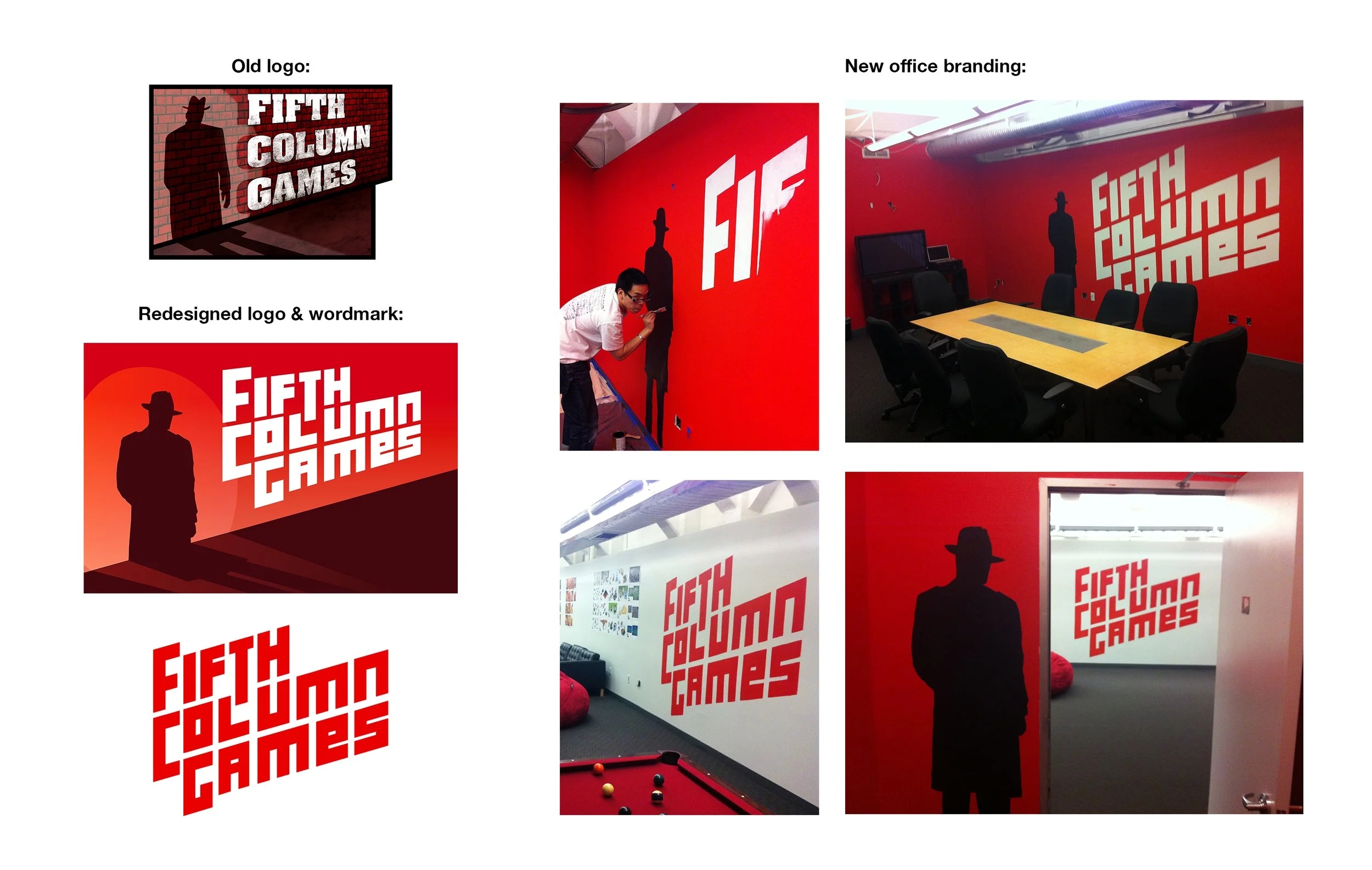Fifth Column games branding update and office branding. The lower right image is the view when the elevator opens at their floor.