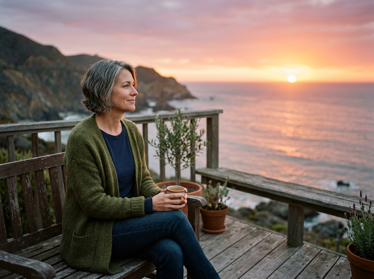 Older woman sitting on a wooden bench on a deck, holding a cup, gazing at a sunset over the ocean with cliffs in the background, surrounded by potted plants.