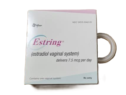 Box of Estring vaginal estrogen tablets with a roll of adhesive tape next to it.