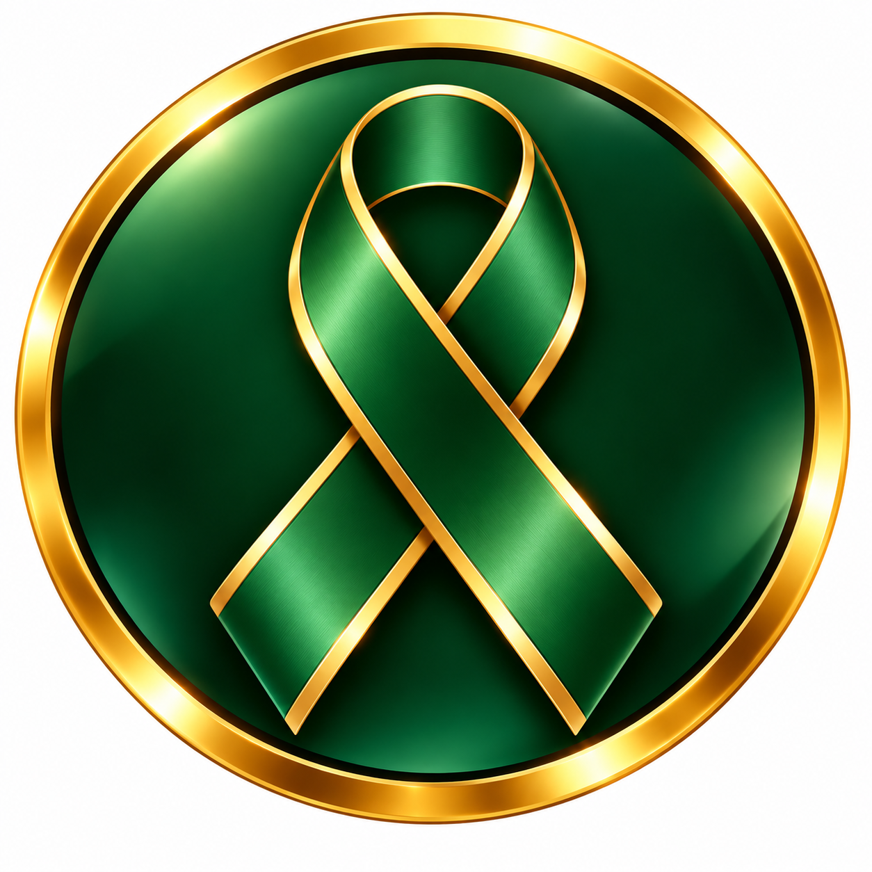 Green awareness ribbon with gold border on a green background.