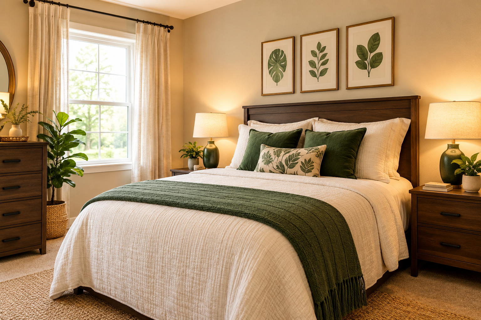 A cozy bedroom with a large bed covered in a beige quilt, accented with green pillows and a green throw blanket. There are two wooden nightstands with matching lamps, a dresser with plants and decorative items, and a window with beige curtains letting in natural light. Framed botanical prints are displayed above the bed.