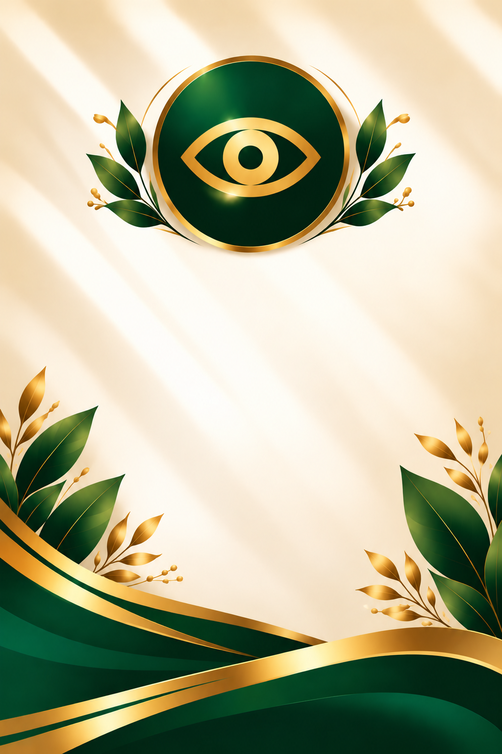 Green and gold emblem with an eye symbol, surrounded by green leaves with gold accents, on a cream background with gold and green ribbon-like elements.
