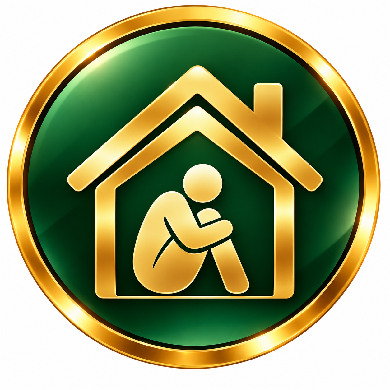 A circular icon with a gold border, featuring a green background, displaying a gold outline of a house with a person in a wheelchair inside it.