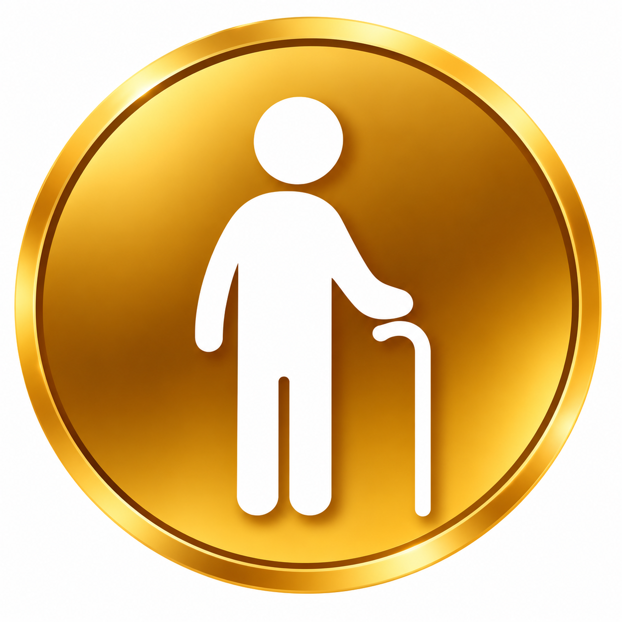 Golden circular icon with a white person figure holding a cane.