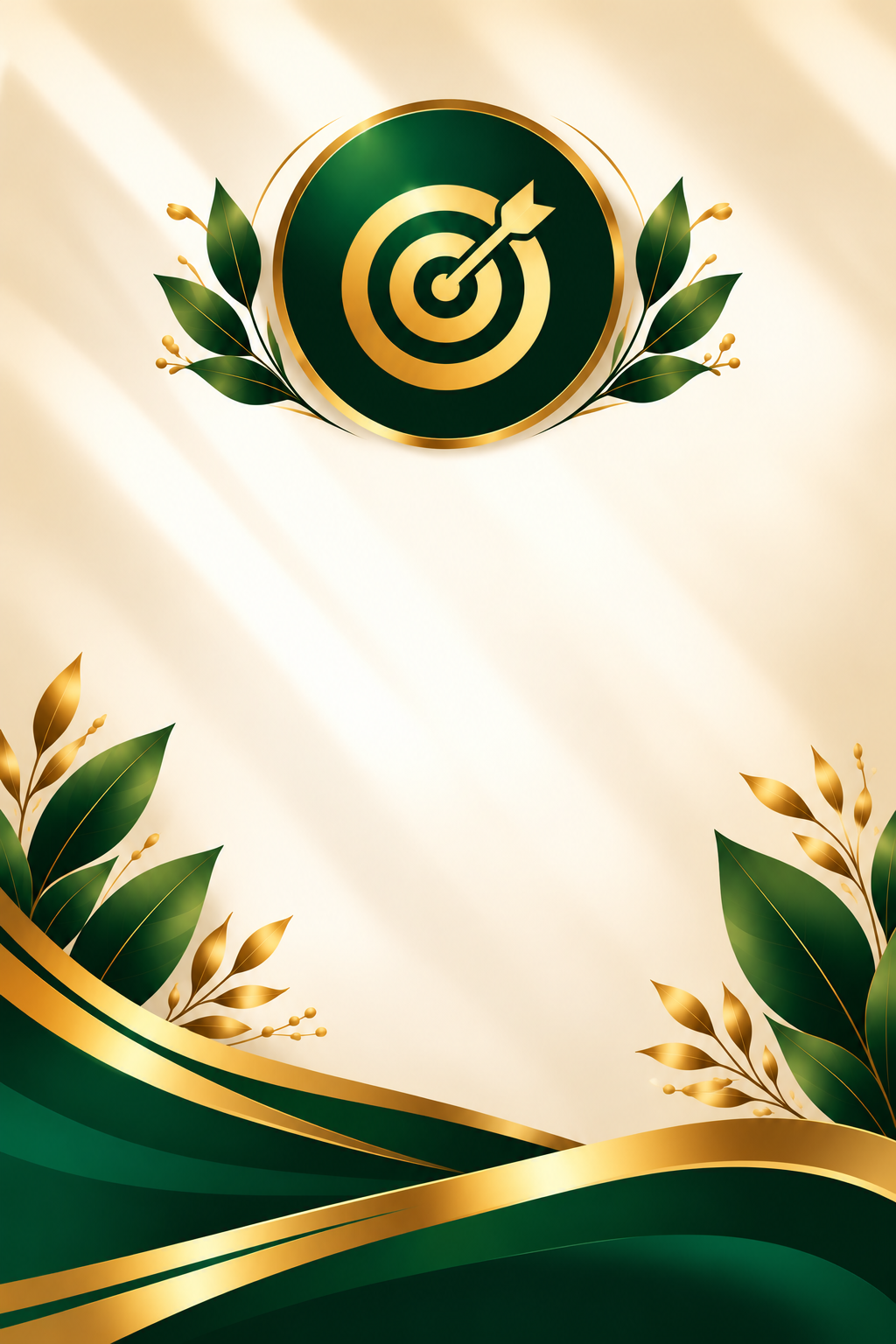 A decorative image featuring a gold and green target with an arrow hitting the bullseye, surrounded by gold and green leaves and abstract flowing lines in green and gold.