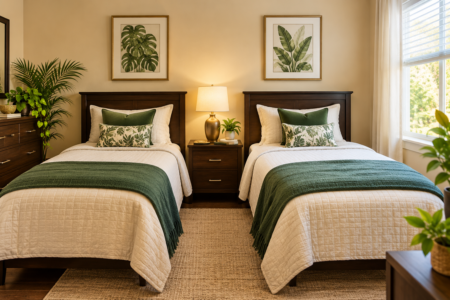Two neatly made beds with dark wood headboards, white bedding, green throw blankets, and matching pillows with leafy patterns, flanked by a nightstand with a lamp and potted plant, and framed leaf artwork on the wall behind.