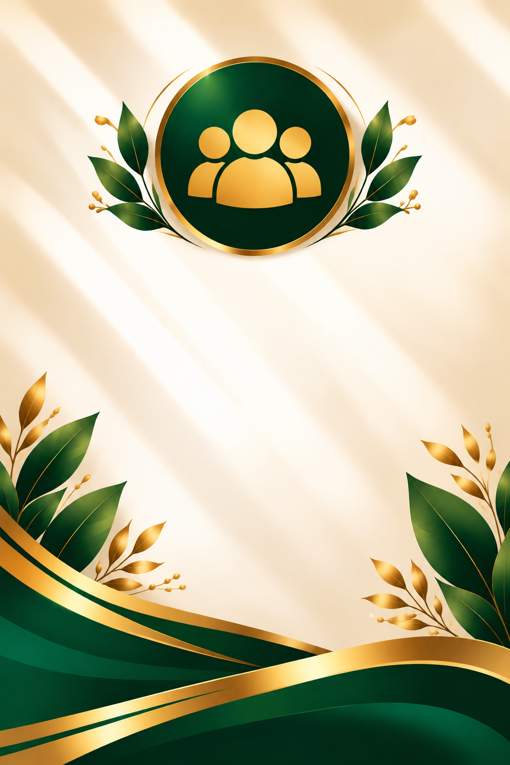 Green and gold emblem with three stylized human figures, surrounded by gold and green leaves and decorative elements on a cream-colored background.