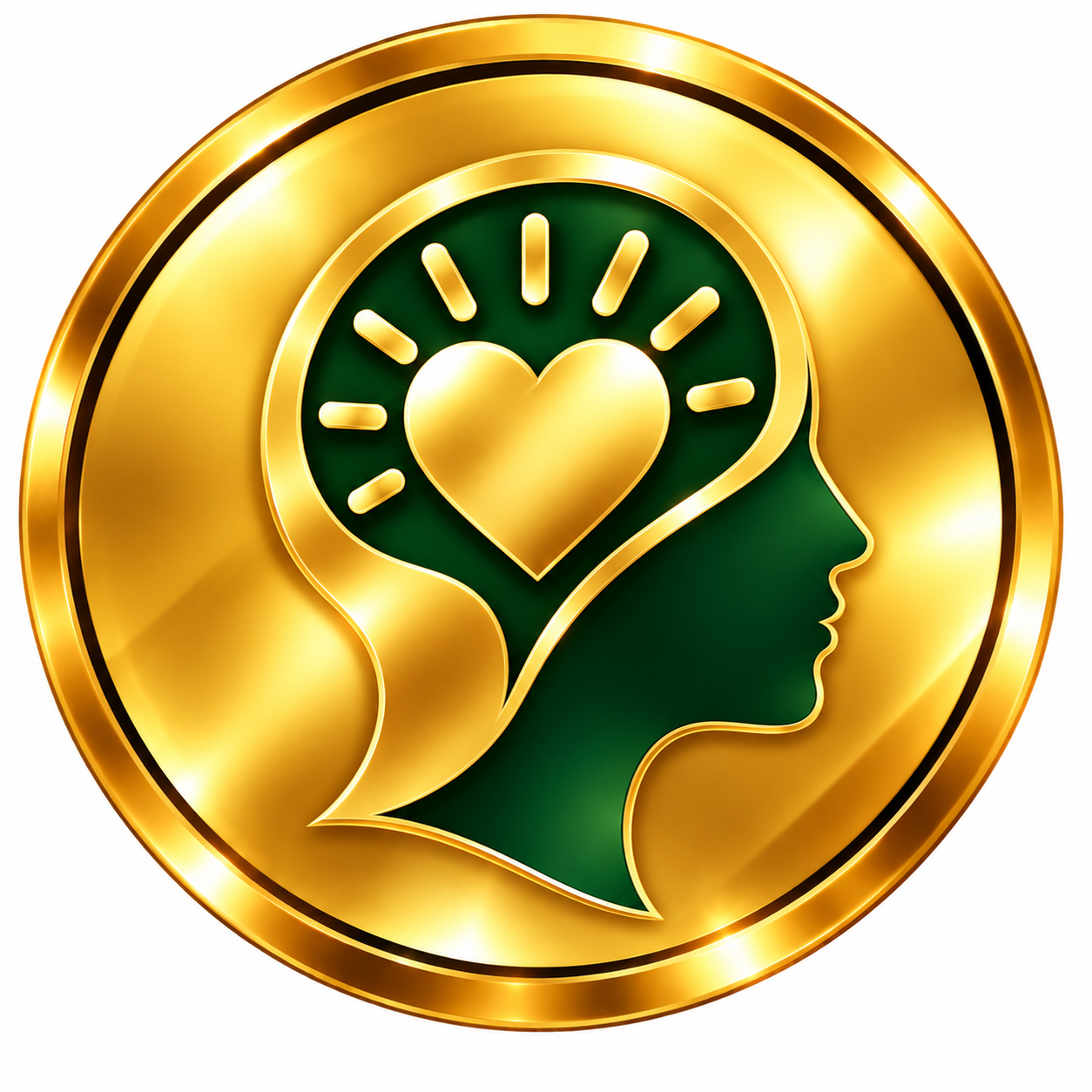 Gold and green emblem featuring a human profile, a heart inside a speech bubble, and a radiant halo design.