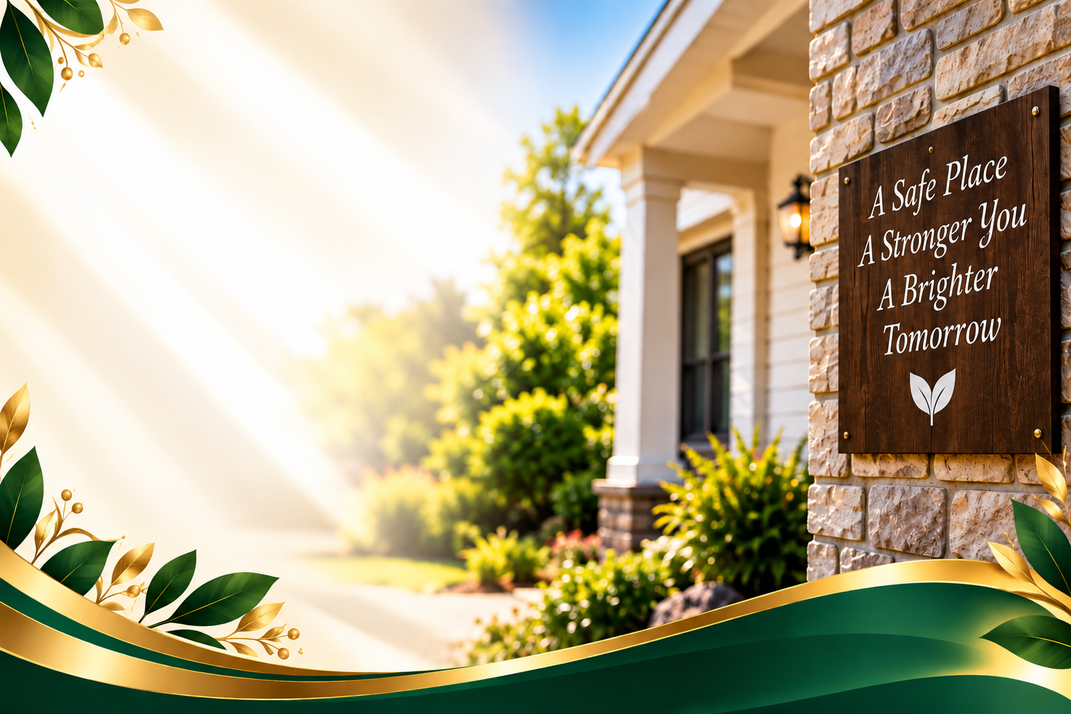 A house with a brick exterior and a porch, with a wooden sign on the wall that reads "A Safe Place, A Stronger You, A Brighter Tomorrow," surrounded by greenery and lit by outdoor lights, with a decorative border of leaves and gold accents in the foreground.