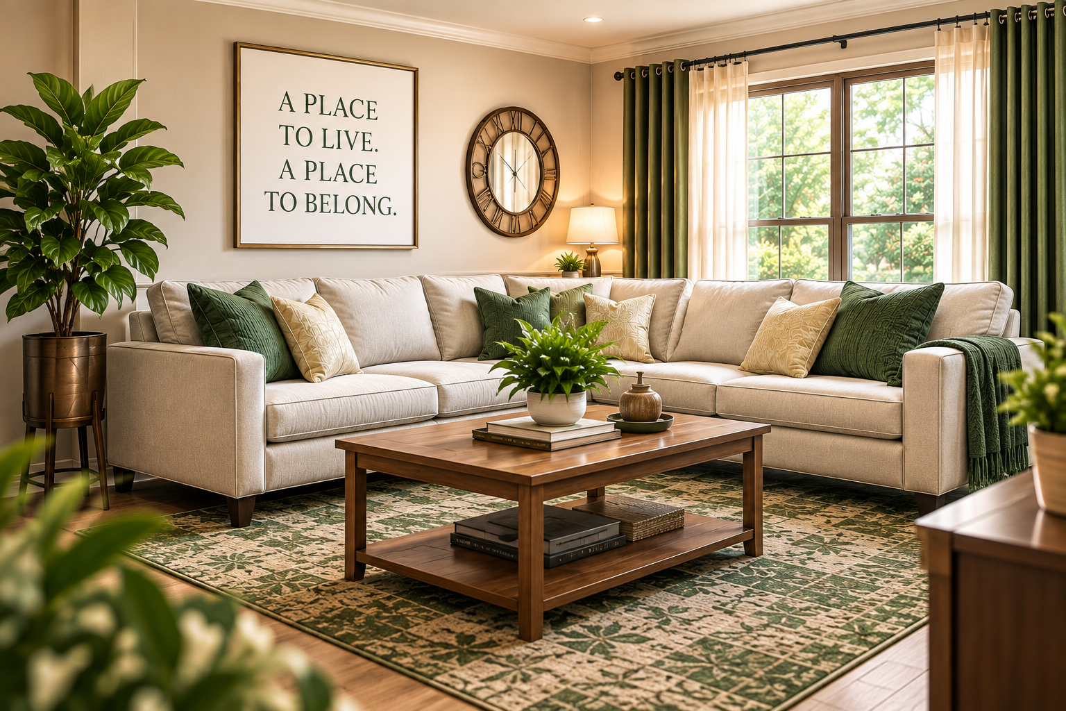 Bright living room with beige sectional sofa, green and beige throw pillows, wooden coffee table with plants and books, large window with green and beige curtains, wall clock, ceiling light, and greenery in pots.