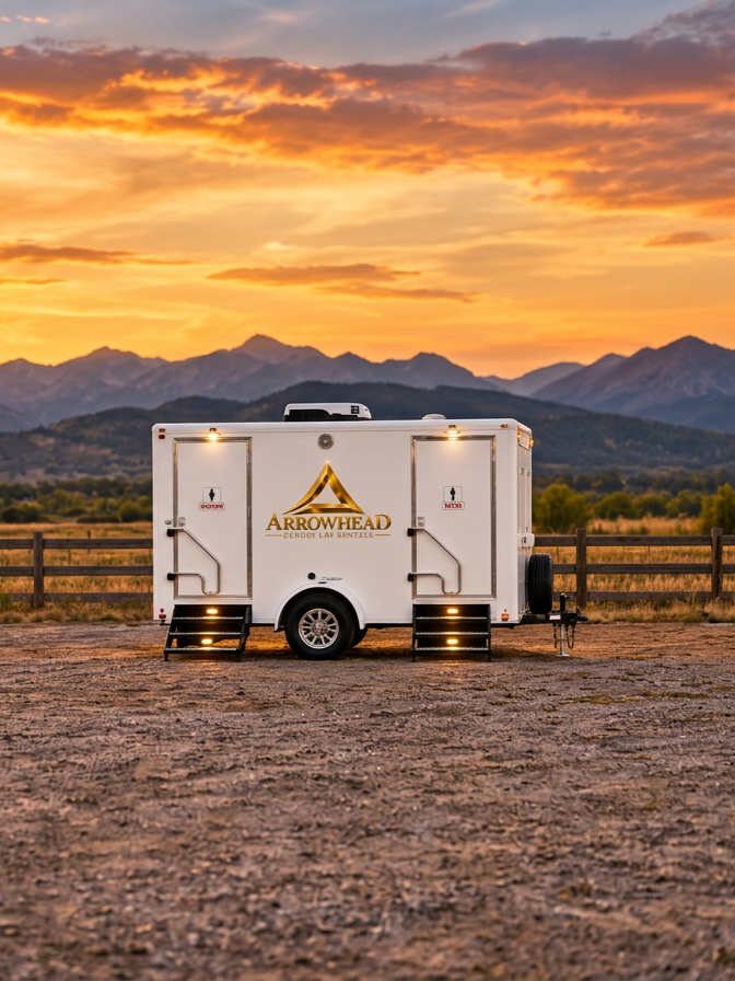 A white mobile unit with stairs, parked on a gravelly Lot against a picturesque sunset with mountains in the background.