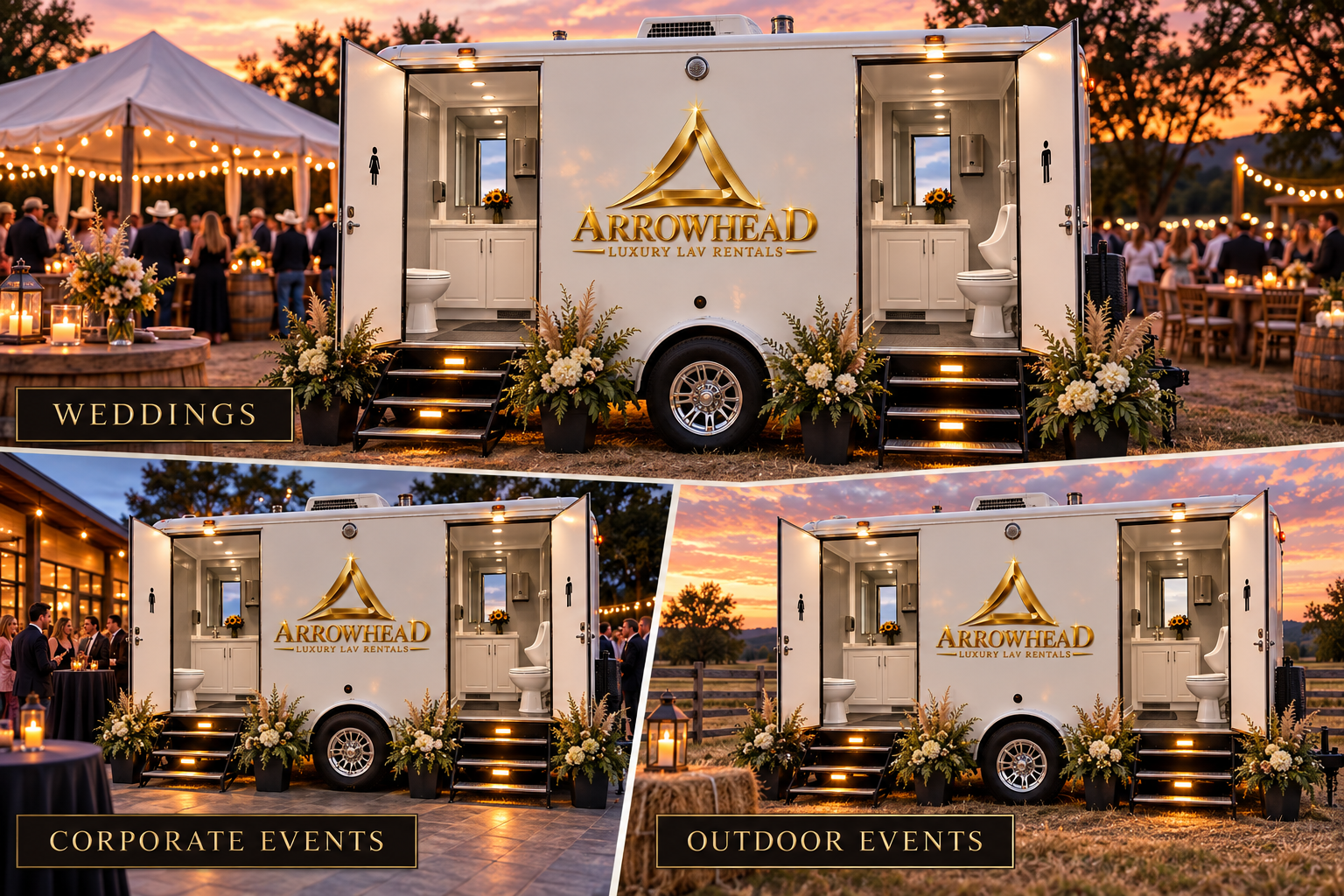 A luxury mobile restroom trailer branded 'Arrowhead Luxury Lav Rentals' surrounded by floral arrangements, at an outdoor wedding celebration during sunset. The trailer is also shown at a corporate event and outdoor event, with people gathered and decorative lighting in the background.