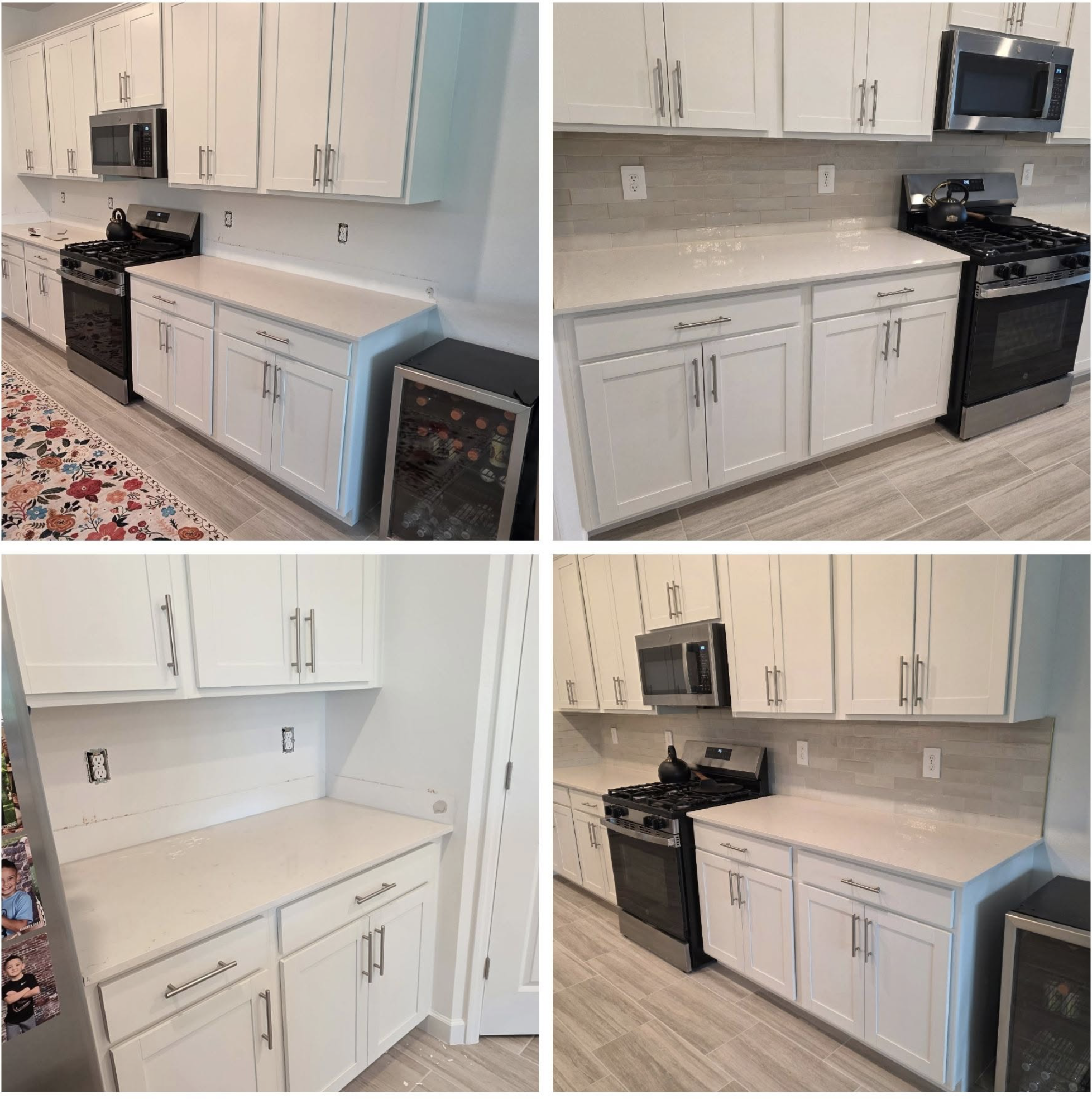 Side-by-side comparison of a kitchen before and after renovation. The kitchen features white cabinets, gray countertops, and stainless steel appliances, including a microwave and oven. The backsplash and wall outlets are visible in both images.