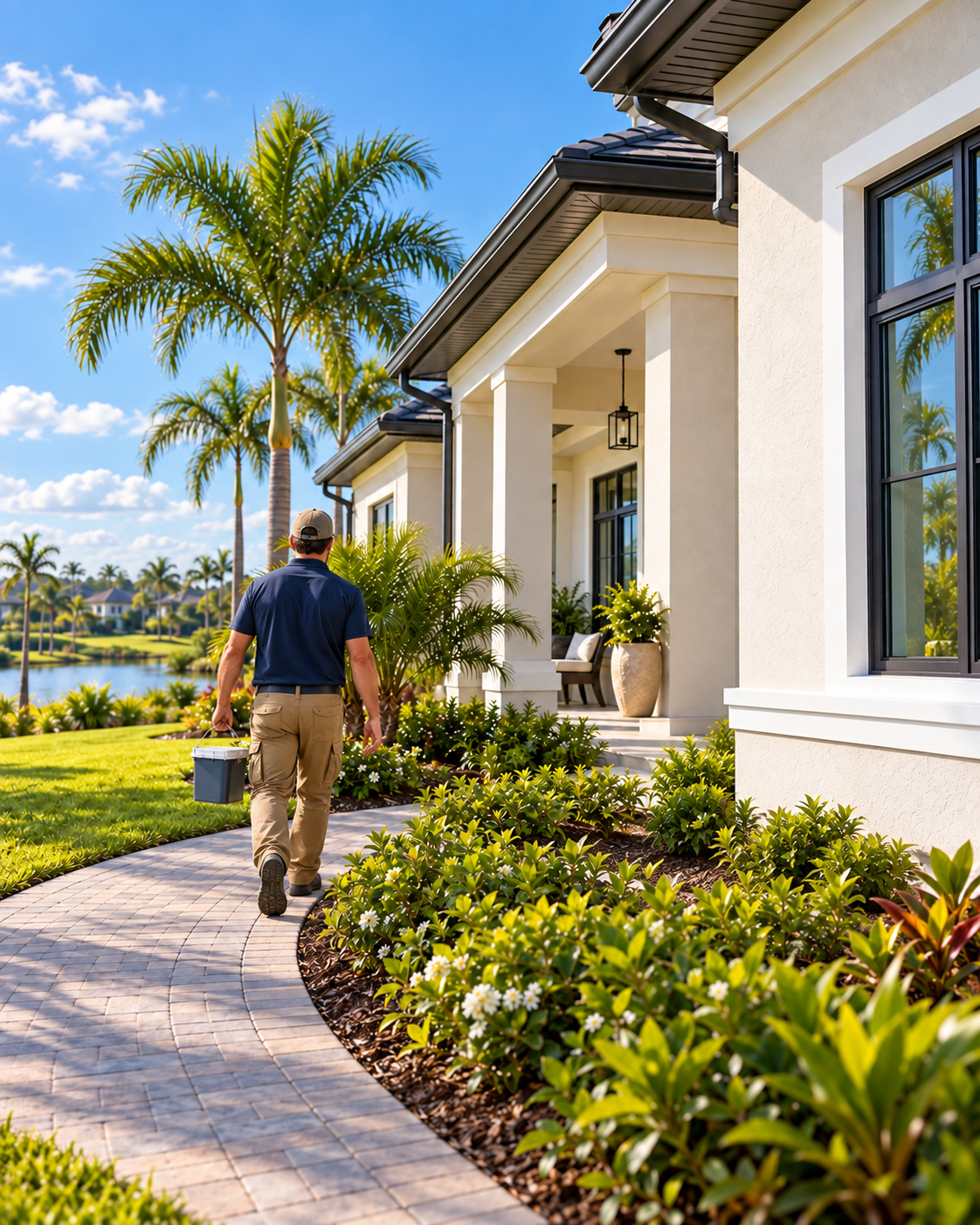 Man walking on a curved brick pathway in front of a modern house with palm trees and landscaped garden.