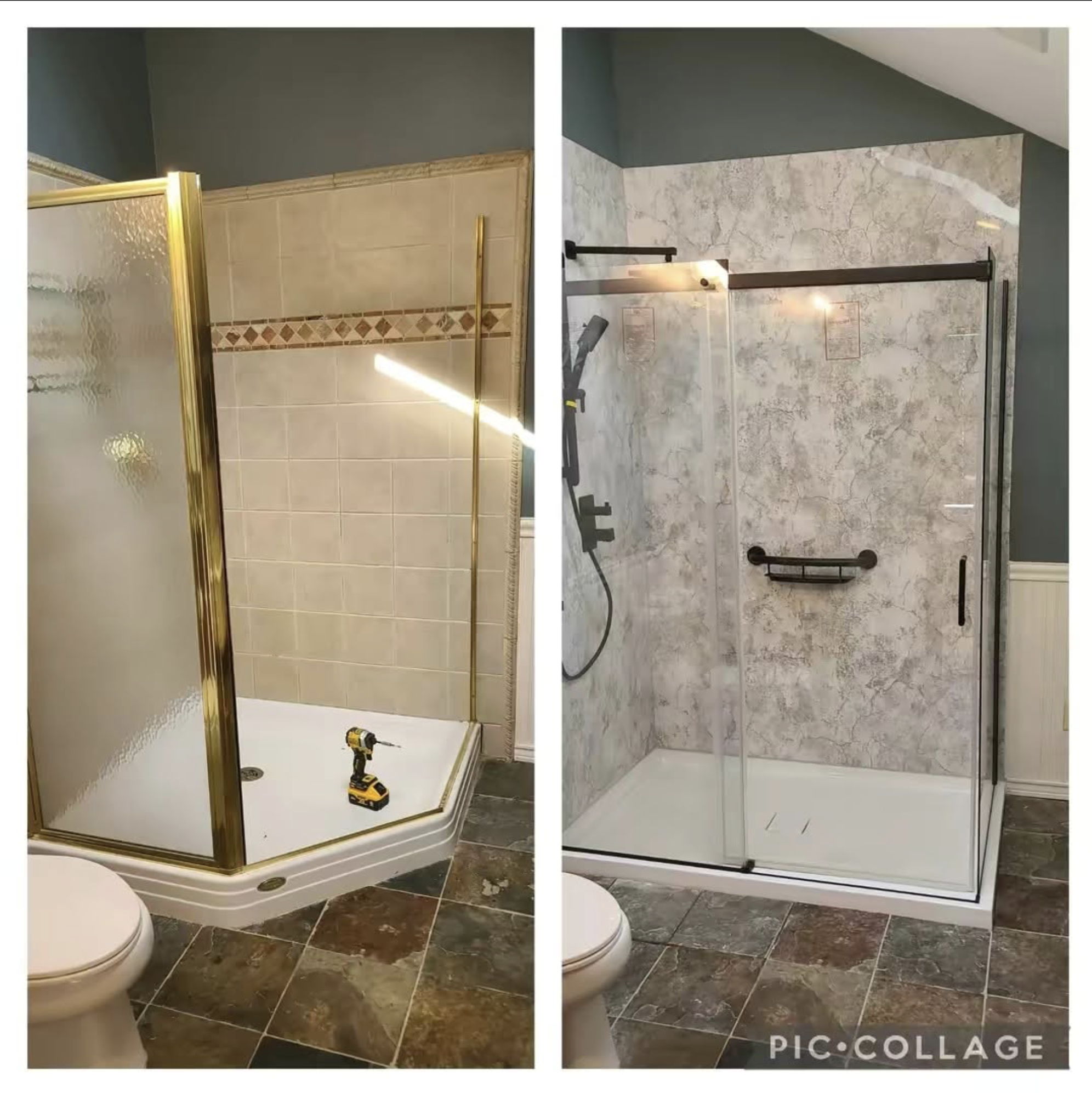 Comparison of a bathroom shower before and after renovation, showing the old shower on the left with beige tiles and gold trim, and the new shower on the right with marble tiles and black framing.