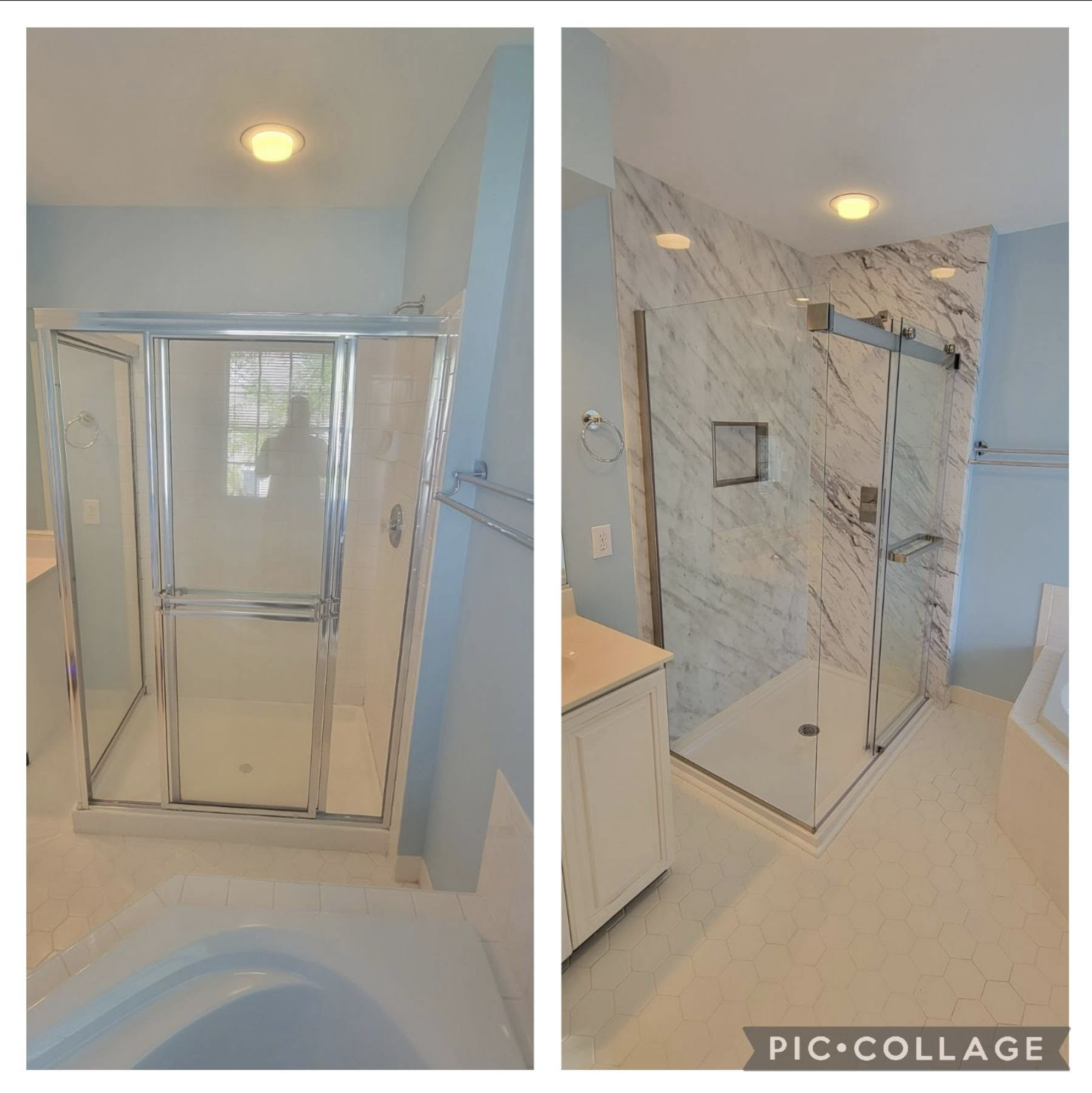 Comparison of a bathroom shower before and after renovation. The left side shows an older shower with a manual sliding door, plain light-colored walls, and a standard ceiling light. The right side shows a modern, renovated shower area with a glass do