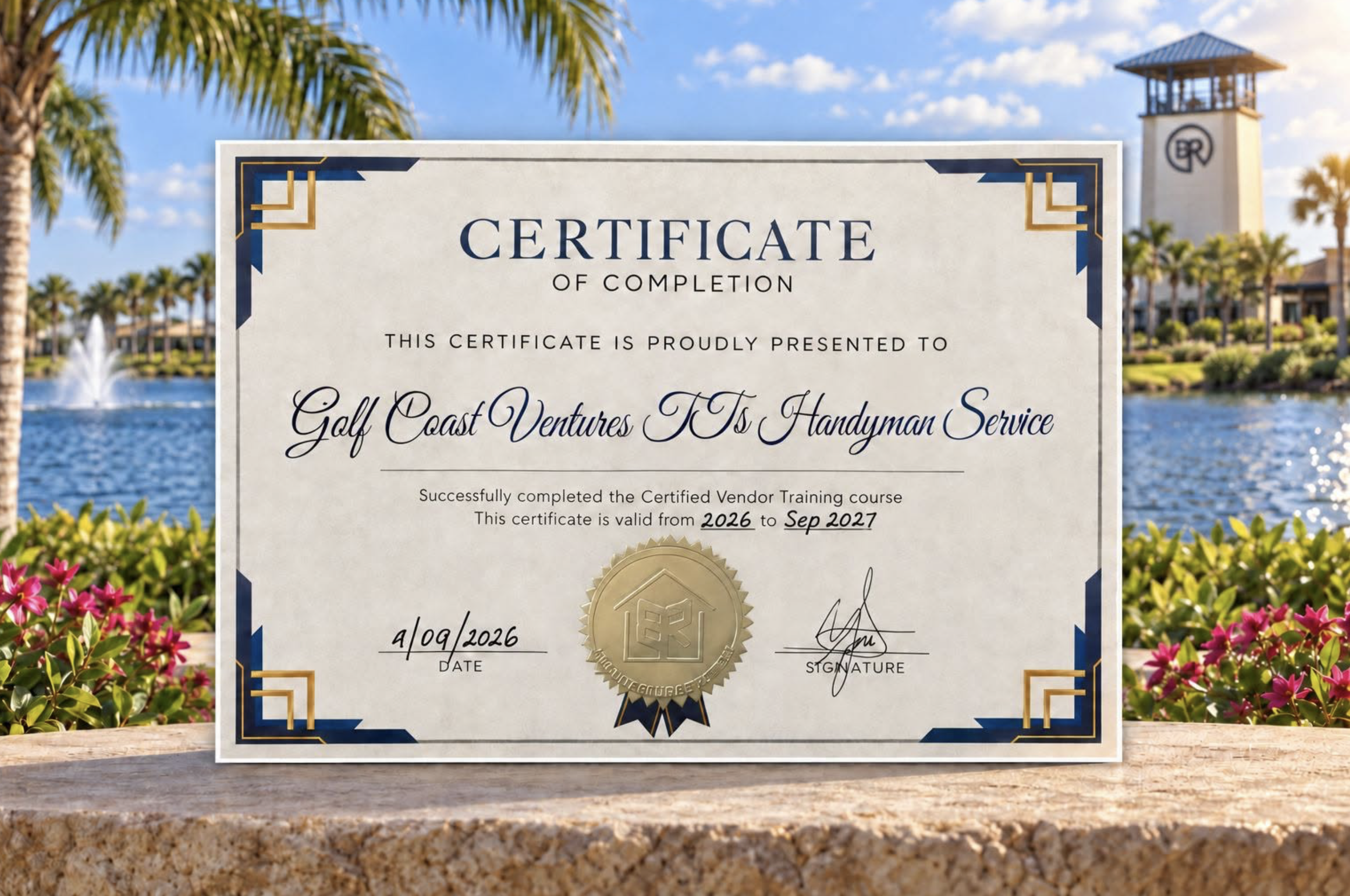 Certificate of completion awarded to Golf Coast Ventures IT's Handyman Service, dated April 9, 2026, with a gold seal, set outdoors with palm trees, a fountain, a building with a tower, and a blue sky in the background.