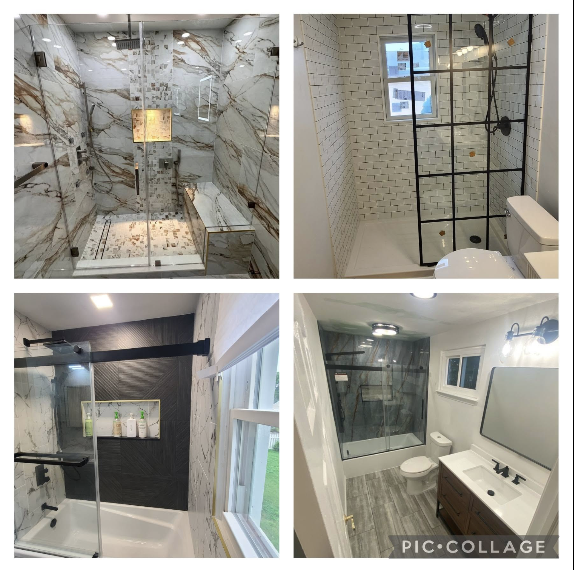 Collage of four images showing different bathrooms with modern showers, toilets, and sinks featuring various tile designs and interior styles.