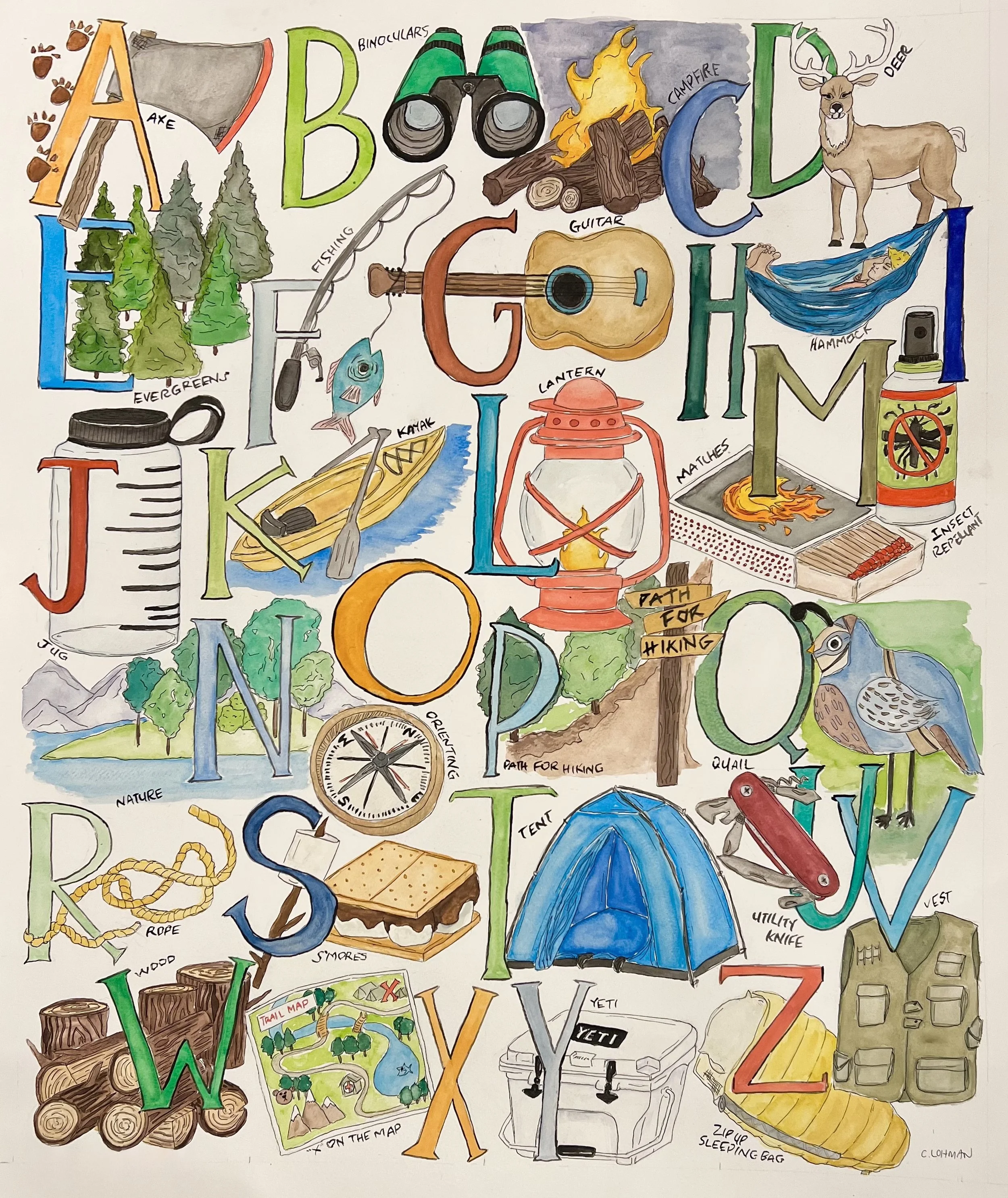 A to Z camping, watercolor and ink on cold press paper
