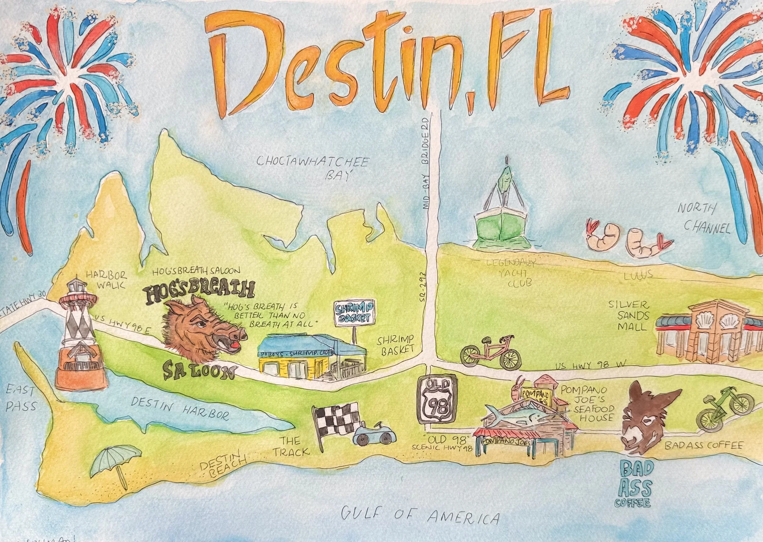Destin Map, watercolor on cold press paper