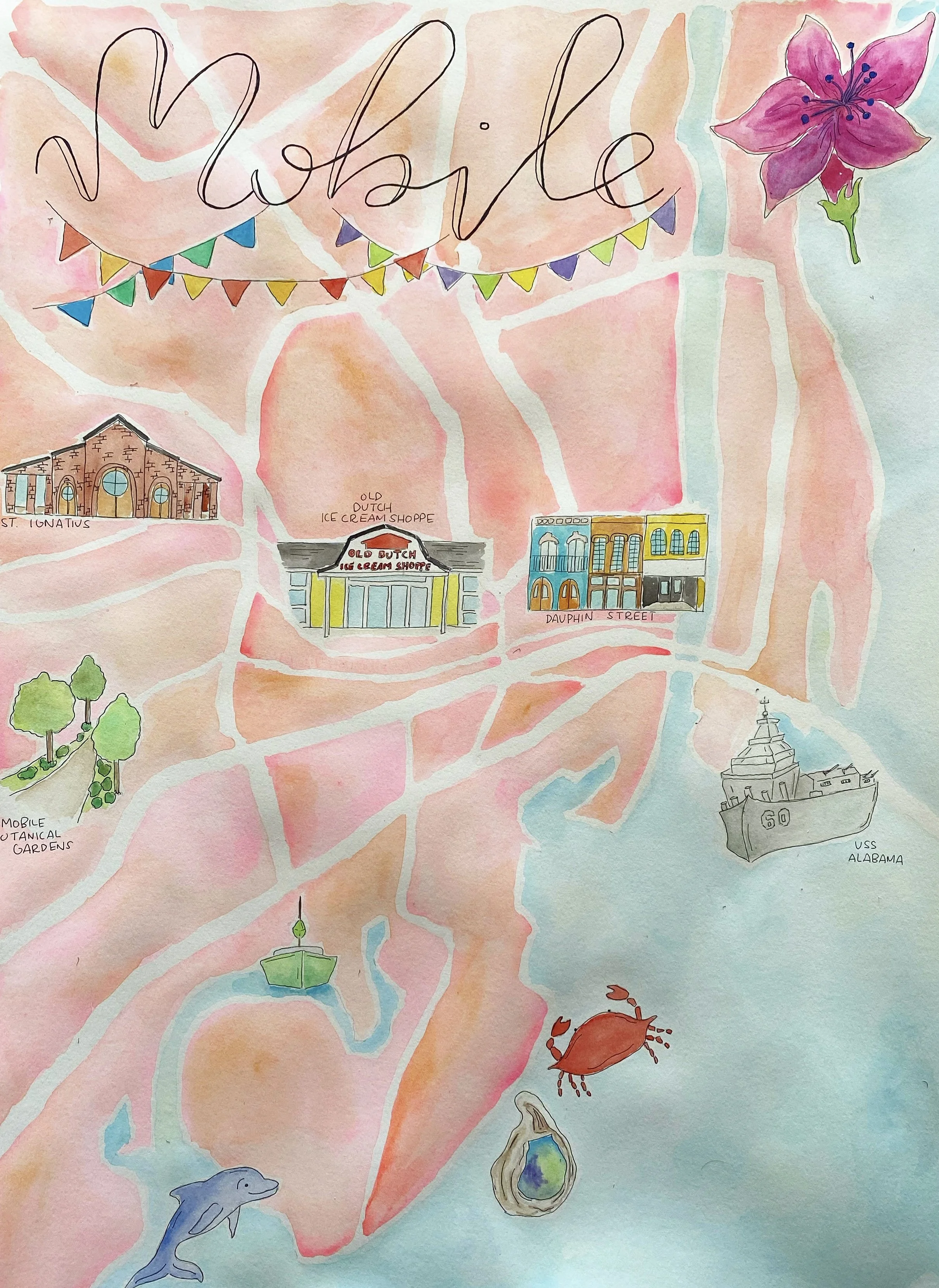 Mobile Map, watercolor on cold press paper