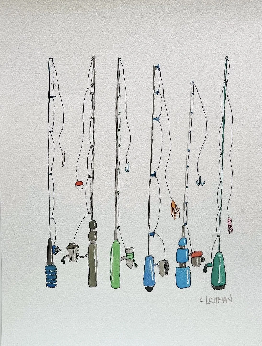 Fishing Poles, watercolor and ink on cold press paper