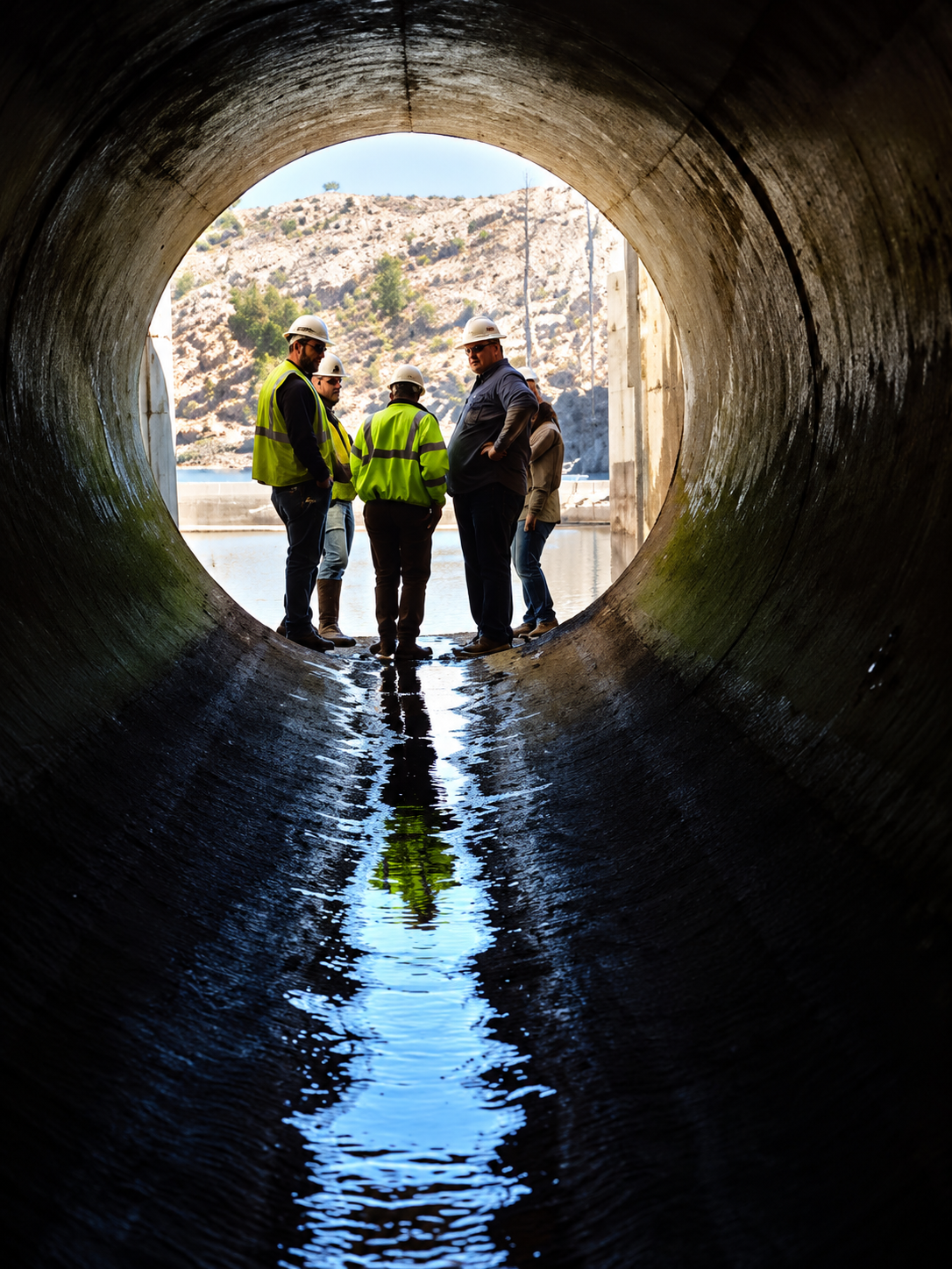A group of engineers or construction workers in safety helmets and vests standing inside a large concrete pipe, looking out at a landscape of rocky hills and water.