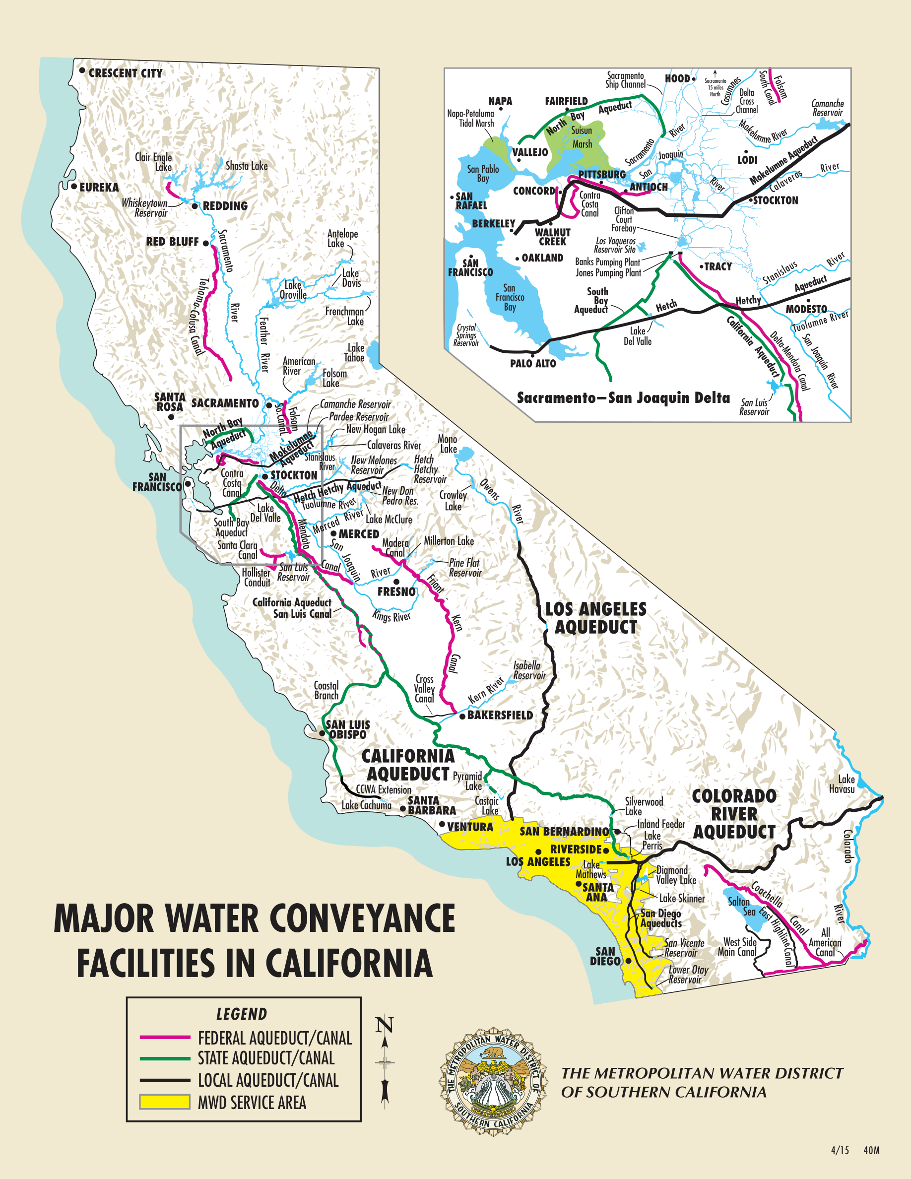 Map of California showing major water conveyance facilities, including federal, state, and local aqueducts and canals, with color-coded legend and the Metropolitan Water District of Southern California seal.