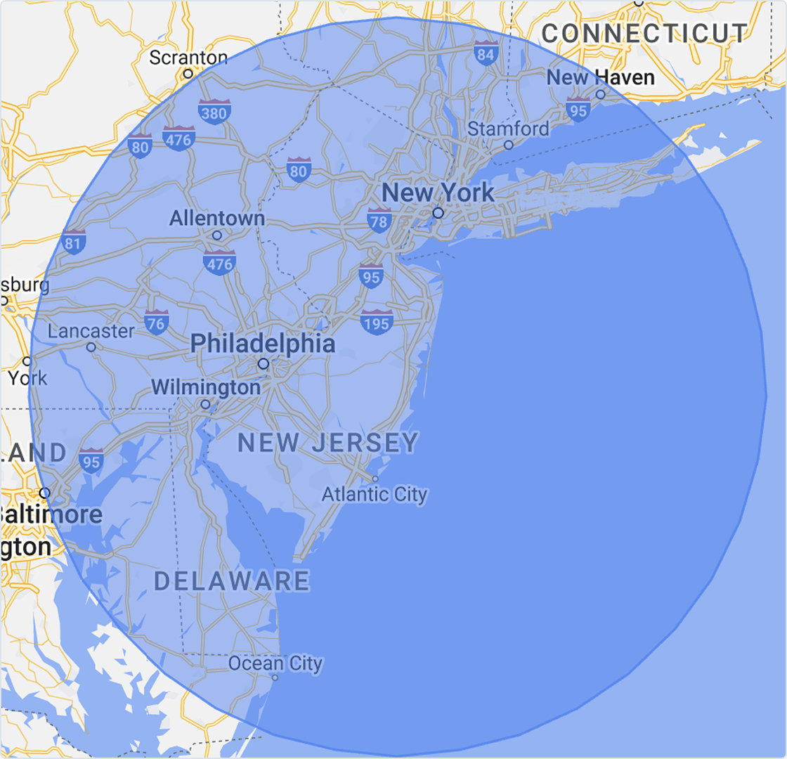 Map highlighting a radar coverage area encompassing parts of New York, New Jersey, Pennsylvania, Maryland, and Delaware.