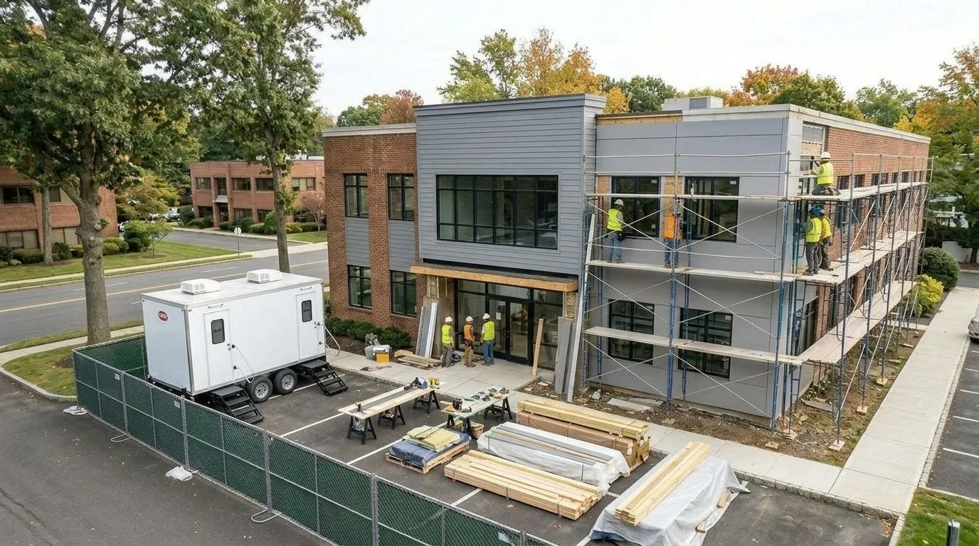 Construction workers in yellow vests working on the exterior of a multi-story building with scaffolding, surrounded by trees and parked cars.