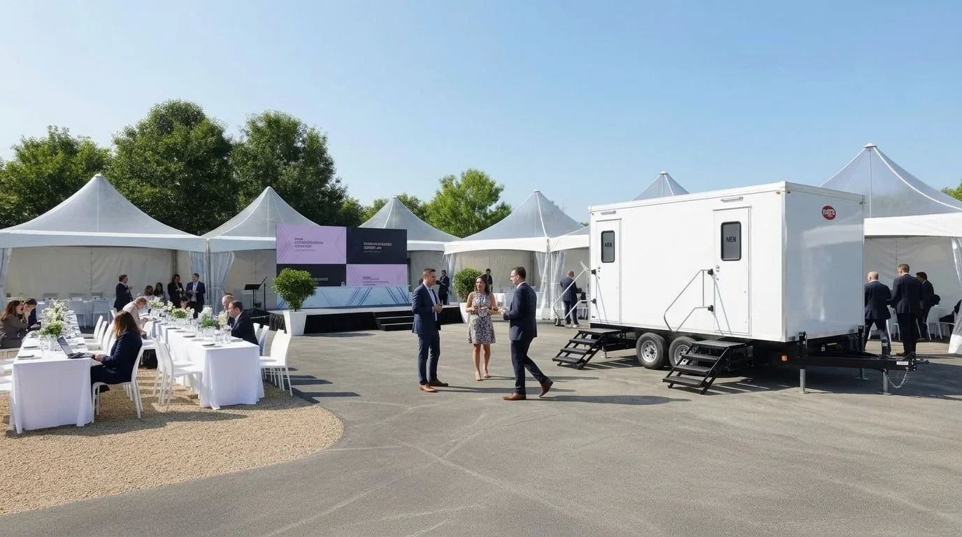 Outdoor event setup with white tents, a stage with screens, and attendees in formal attire. There is a portable restroom trailer nearby.