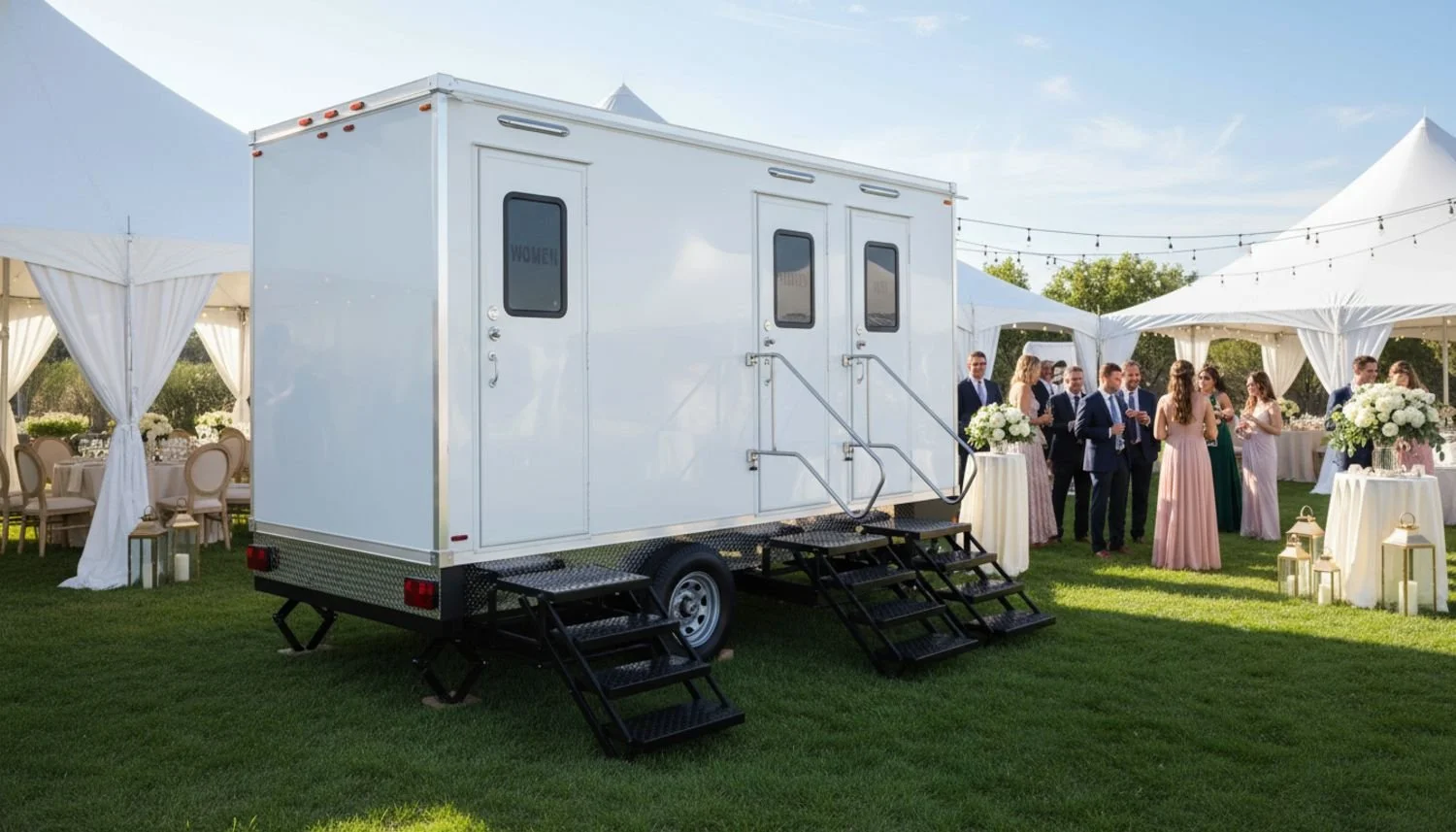 A white mobile restroom trailer with steps leading up to the doors, set up at an outdoor garden wedding reception with white tents, tables, and flowers, and groups of people dressed in formal attire.
