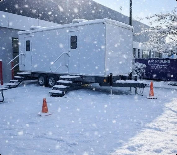 A white mobile trailer with stairs leading to its entrance, set up outdoors on snow-covered ground with snow falling. There are orange traffic cones around the trailer and a building with a sign that says 'TAC Hauling' in the background.