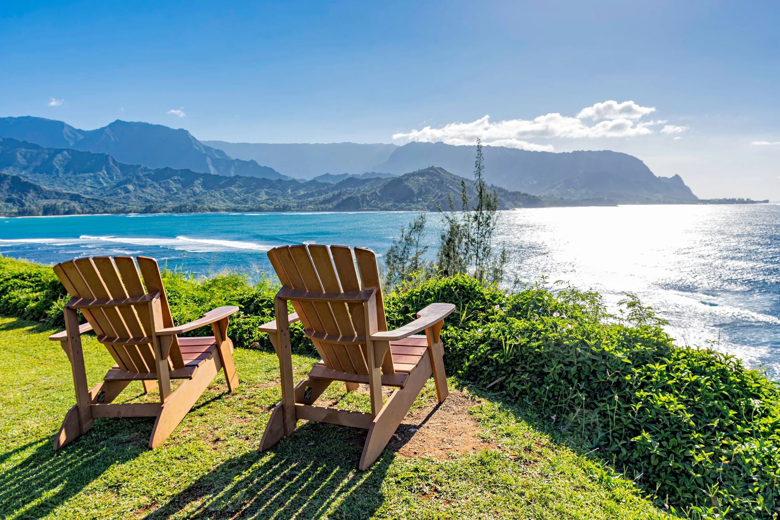 Chairs overlooking ocean at Princeville, Kauai
